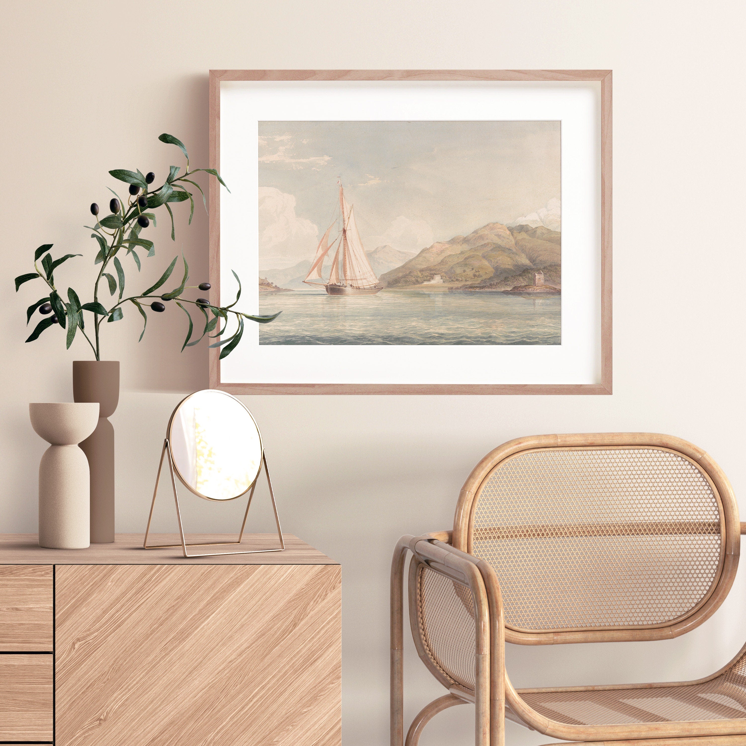 A fine art Poster "Boat Sailing to the Left with Mountains in the Background" from the British artist John Christian Schetky. Digitally remastered for an ultra-high resolution.