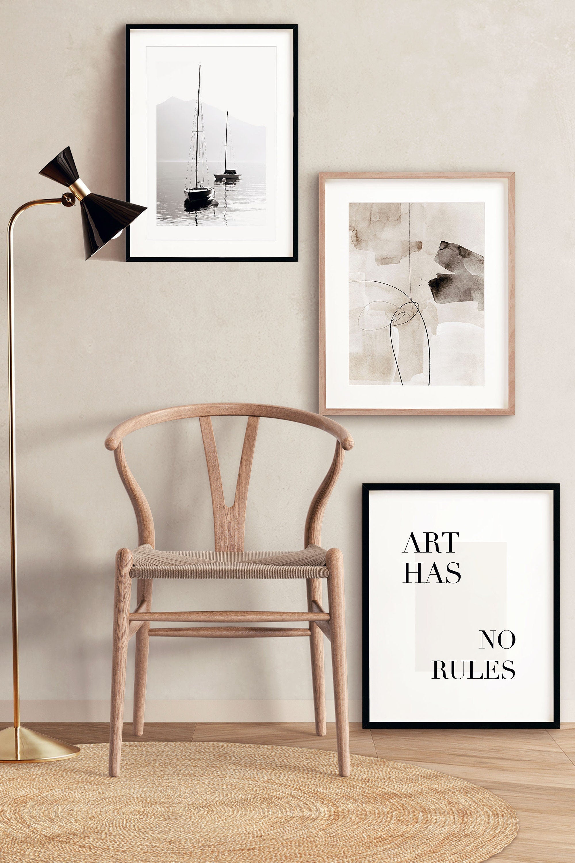 Typo and abstract print with text art has no rules, beige and white