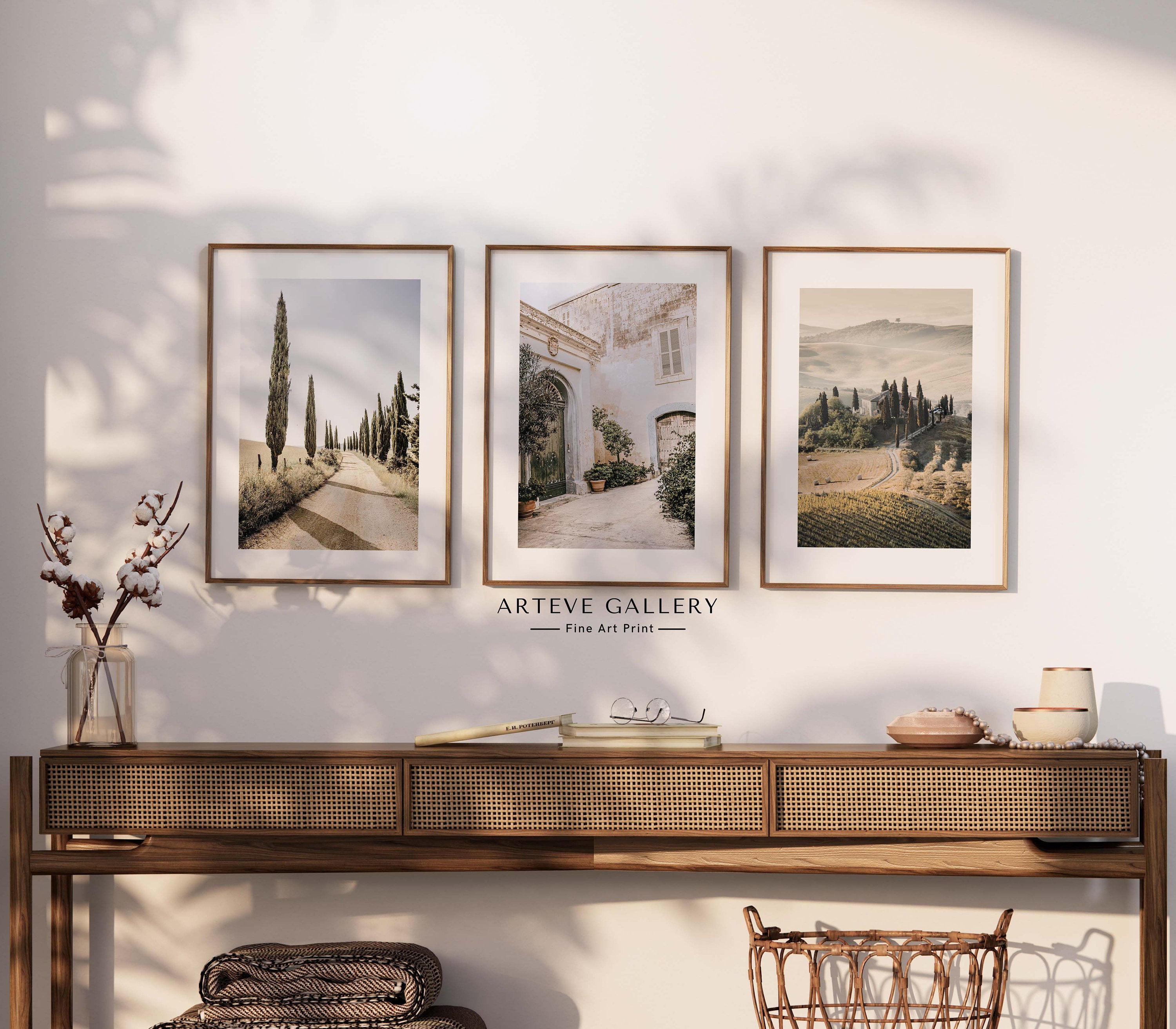 photograph of a cypress tree alley in Tuscany countries on a summer day.