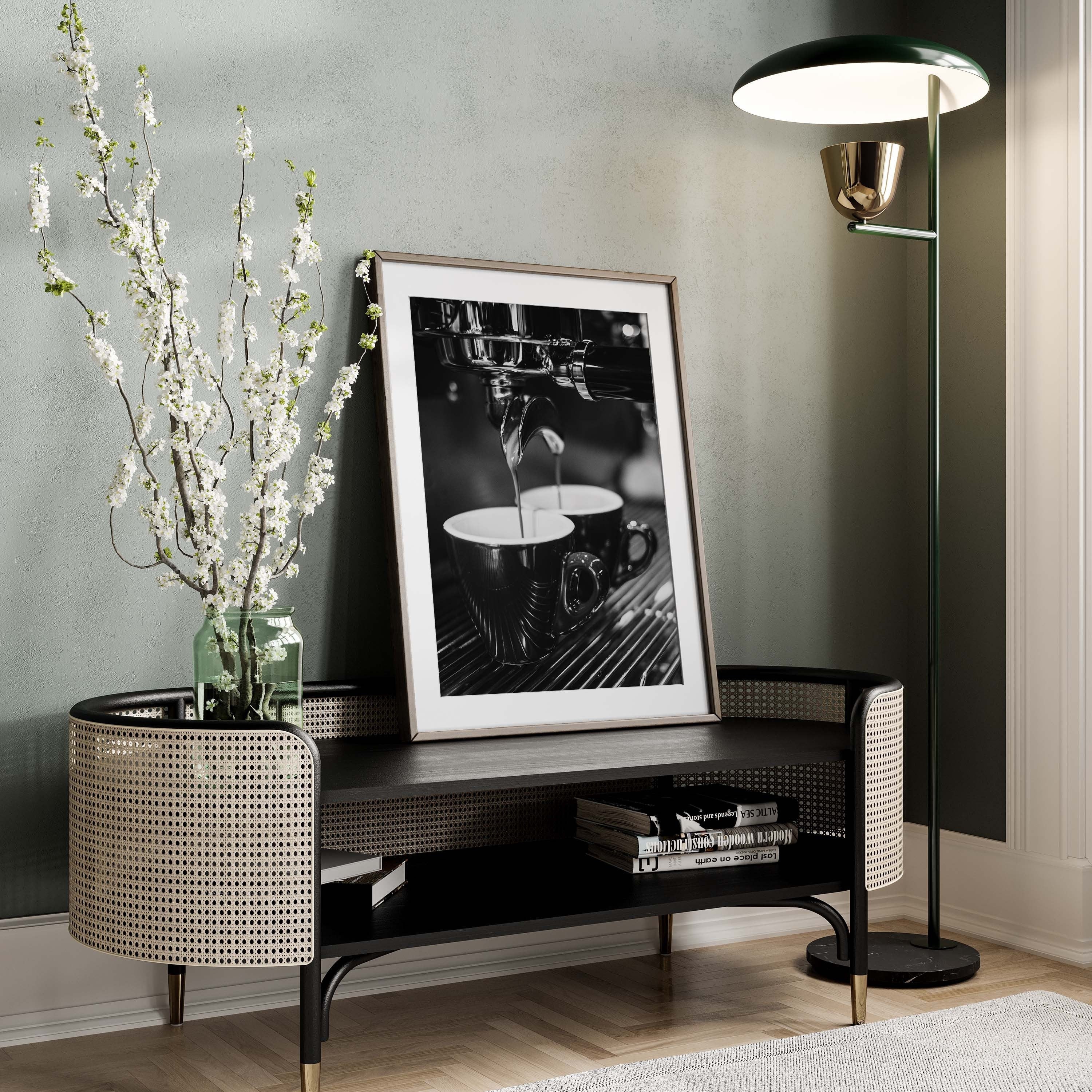 Close-up photograph in black and white of coffee dripping out of an espresso machine.
This print is perfect for the coffee lover who wants to add a high-end look to their kitchen space.