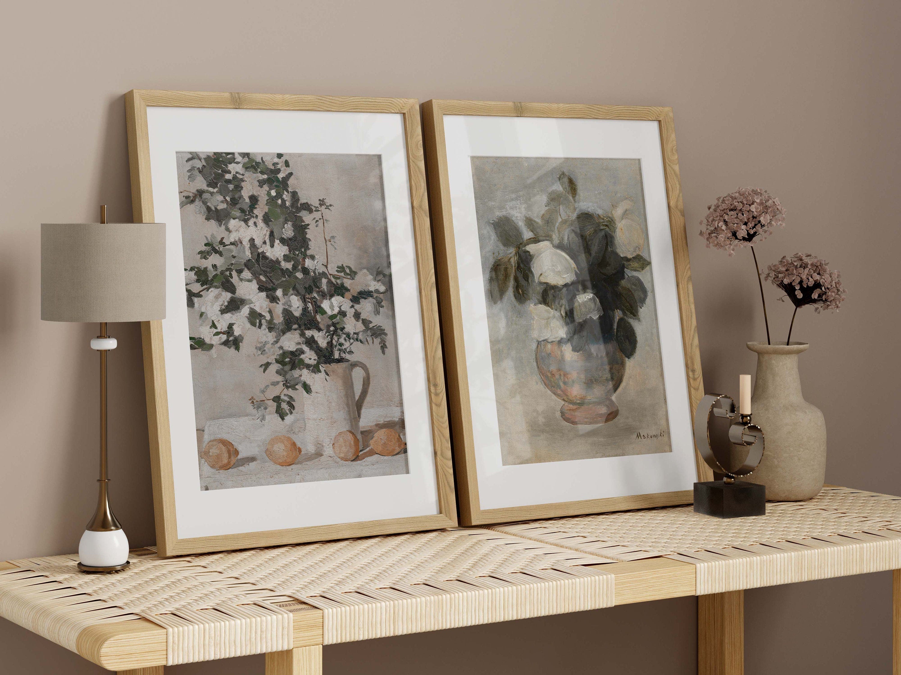 Vintage painting Still Life Flowers and lemon, with its bright neutral tones, and an antique vase.