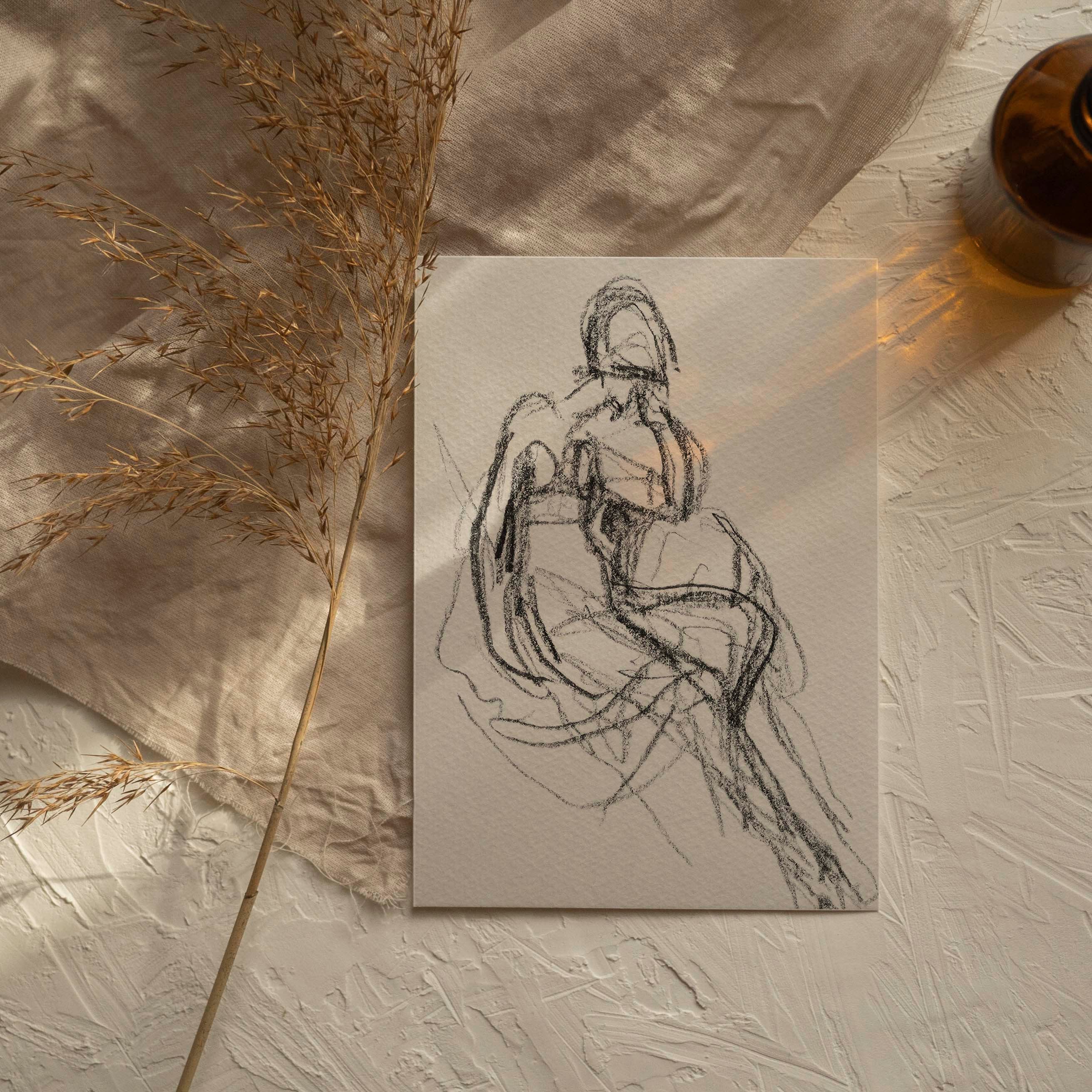 Vintage Woman Drawing Line Art | Woman Minimalist Sketch Art | Dining Neutral Wall Art | Black and White Vintage Art