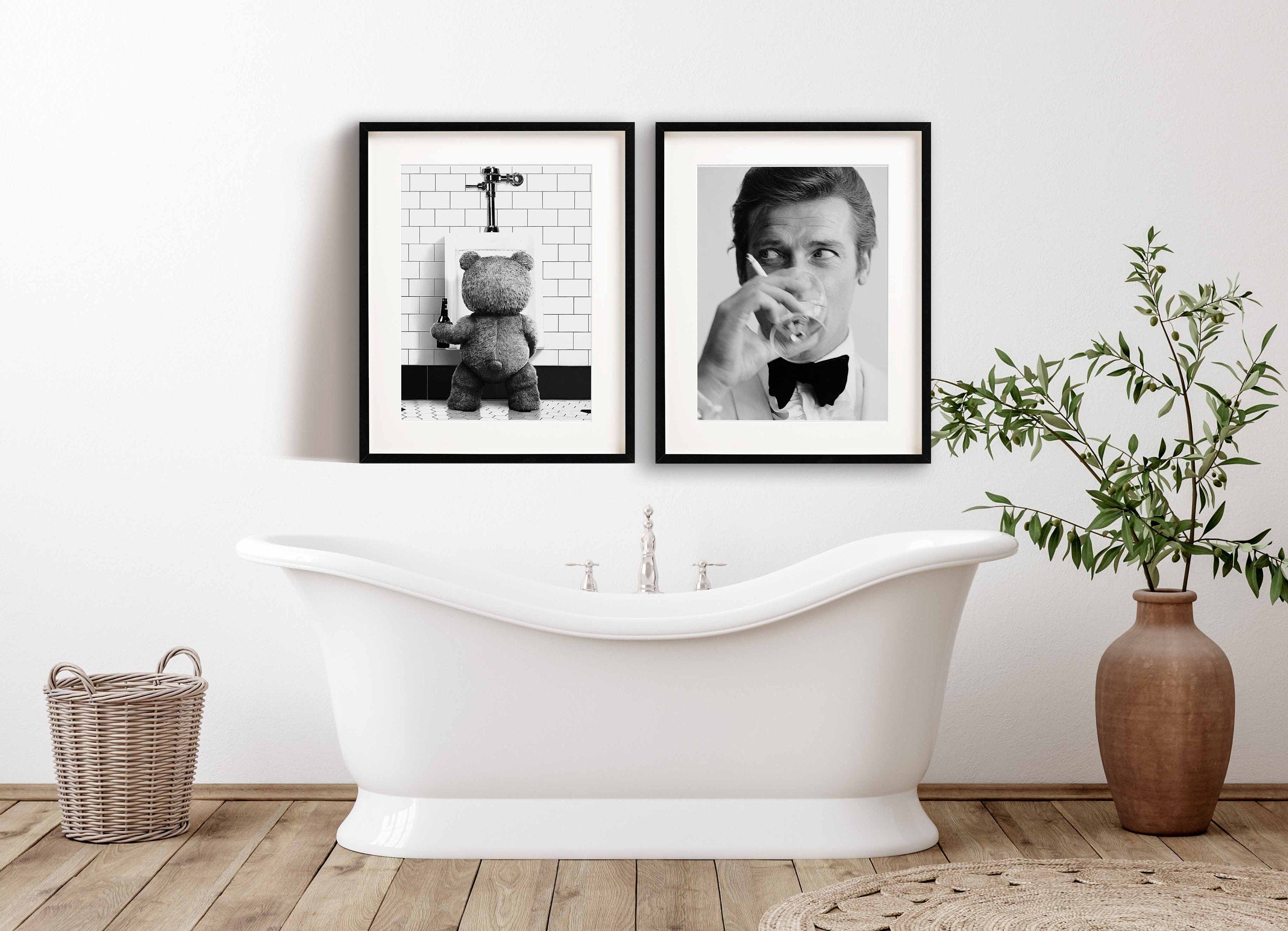 Photograph of Ted Teddy bear holding a drink and doing his toilet Available in square and large XL poster Poster.