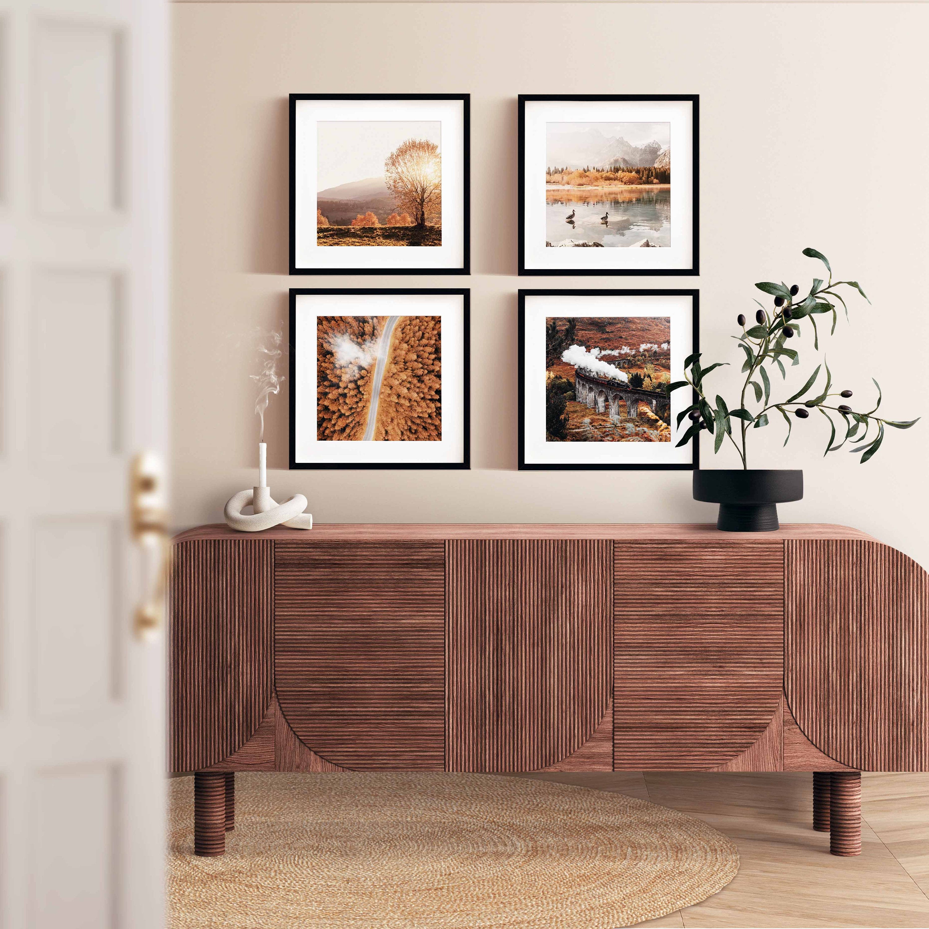 Photo print of a serene fall landscape with a majestic tree that the sun shines through. It highlights the golden colors of the fall leaves. This print is the perfect way to bring the magic of fall into your living space. Let the essence of autumn brighten your home throughout the year.