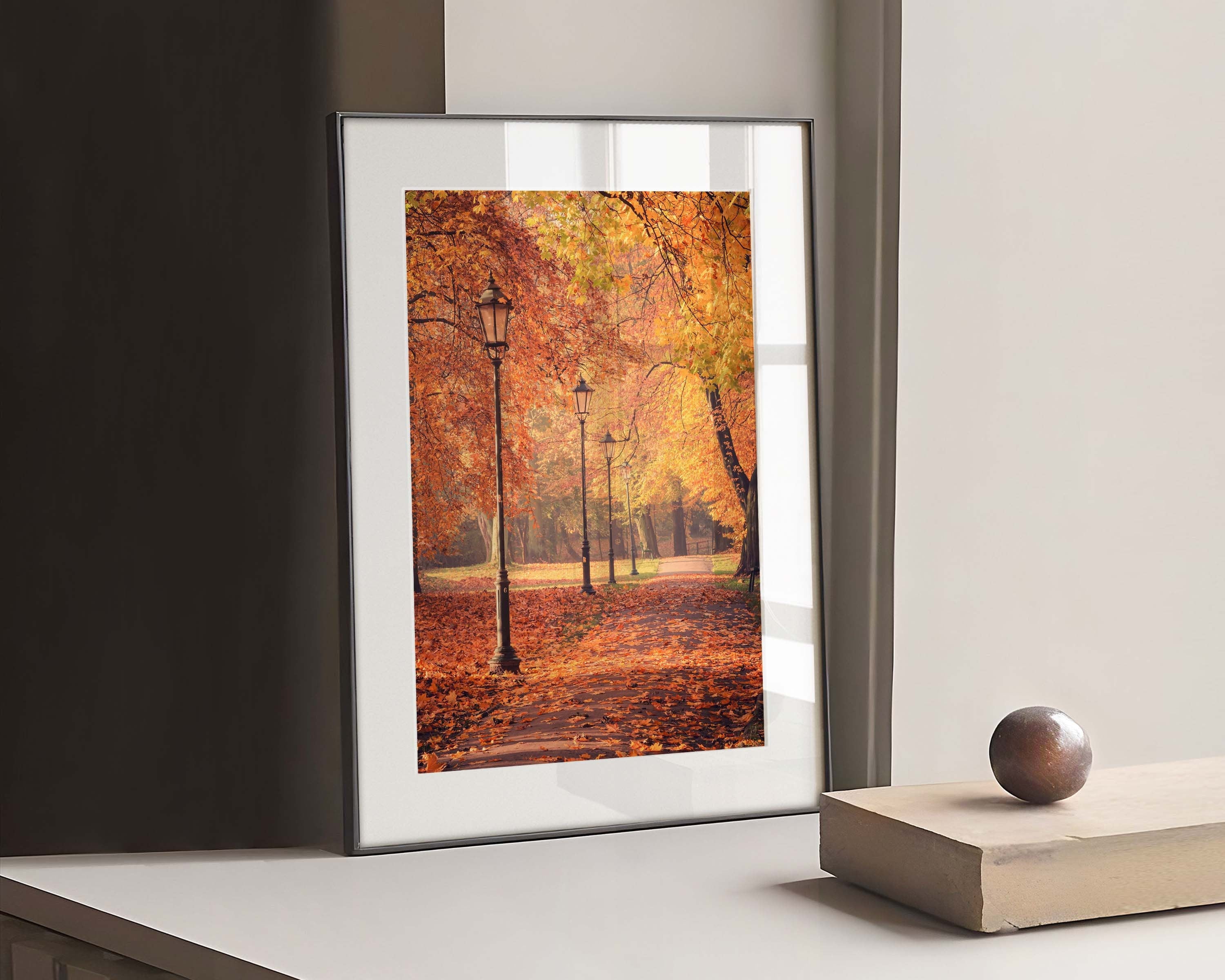 Photo print featuring a picturesque path blanketed in golden fall leaves. The traditional street lights and the old trees give character to the scene. This print truly captures the magic of fall. Hang it in your living room or hallway to bring the captivating beauty of fall into your everyday life.