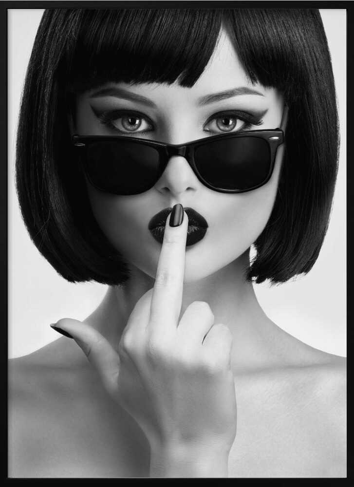 A femme fatale in dark sunglasses, lips parted, flipping the rules with a daring gesture. Black-and-white attitude, bold and unapologetic — this print is made to turn heads.
Artist: David Drake
