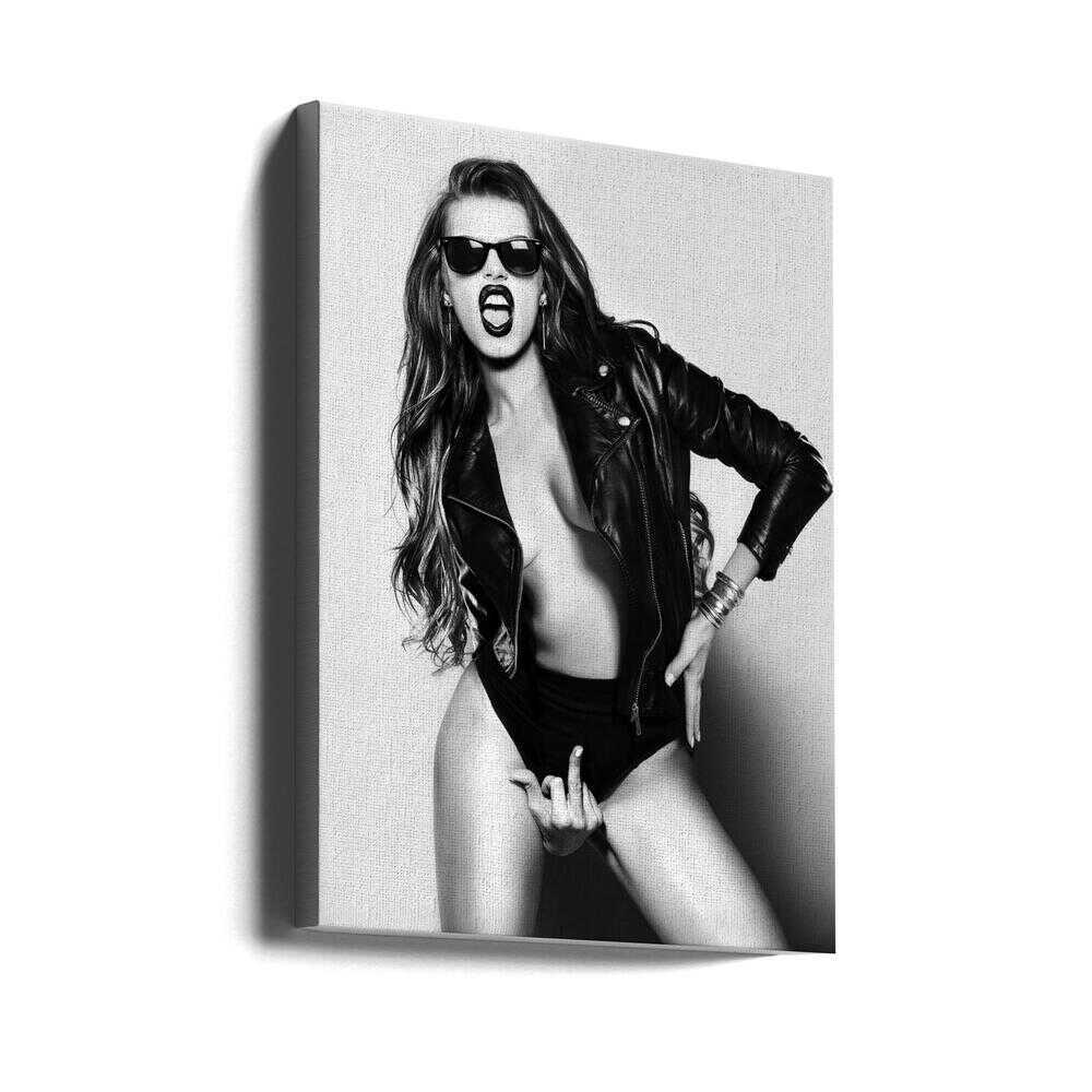Leather, confidence, and sharp defiance. This rebellious portrait mixes fashion and attitude, perfect for spaces that thrive on raw energy and bold statements.
Artist: David Drake
