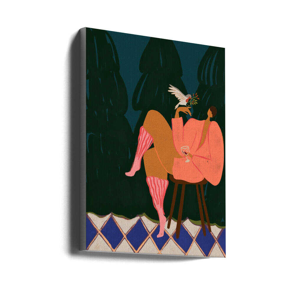 A Lil Birdy Told Me – whimsical figure and bird with flower. Large poster, canvas & frames. Local production & fast shipping.