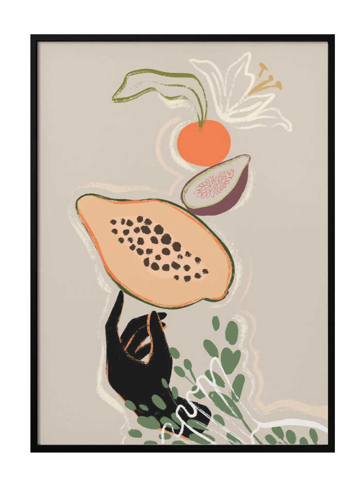 Ripe fruit stack effortlessly atop an outstretched hand, framed by soft green leaves on a beige ground. A modern still life that brings quiet energy to kitchens, dining spaces, or anywhere you want a touch of playful balance. Artist: Arty Guava