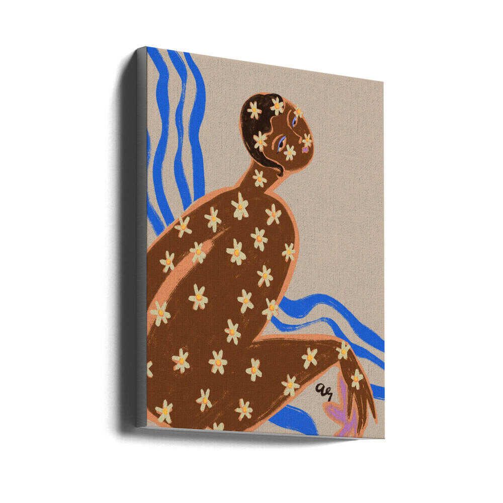 A reclining figure covered in daisy blossoms sits against flowing blue waves. The design blends natural motifs with soft, grounded tones, bringing a sense of harmony and renewal. Ideal for brightening bedrooms, bathrooms, or calming interiors.
Artist: Arty Guava