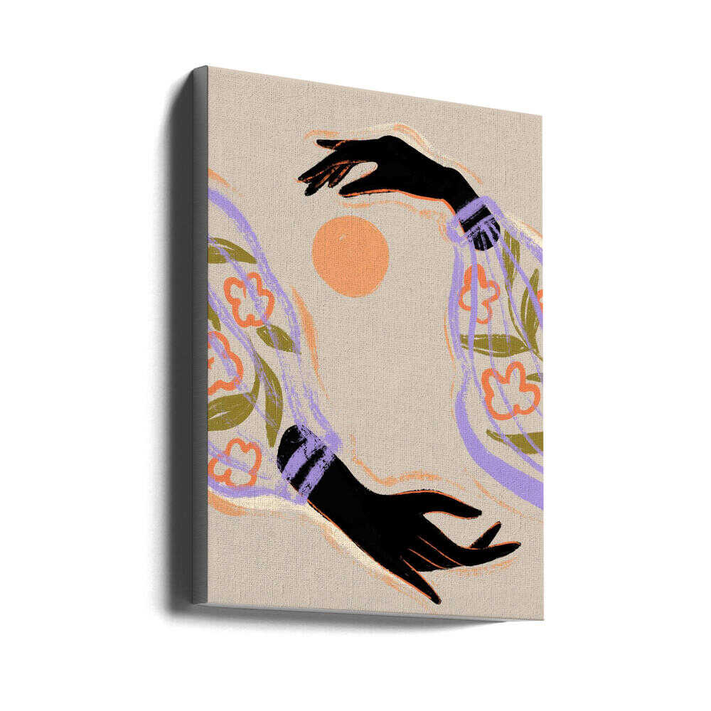 Two open hands frame a glowing orange sun, sleeves alive with floral tones of purple, green, and amber. A simple, uplifting composition that feels warm and contemplative, easy to place in living rooms or calm corners. Artist: Arty Guava