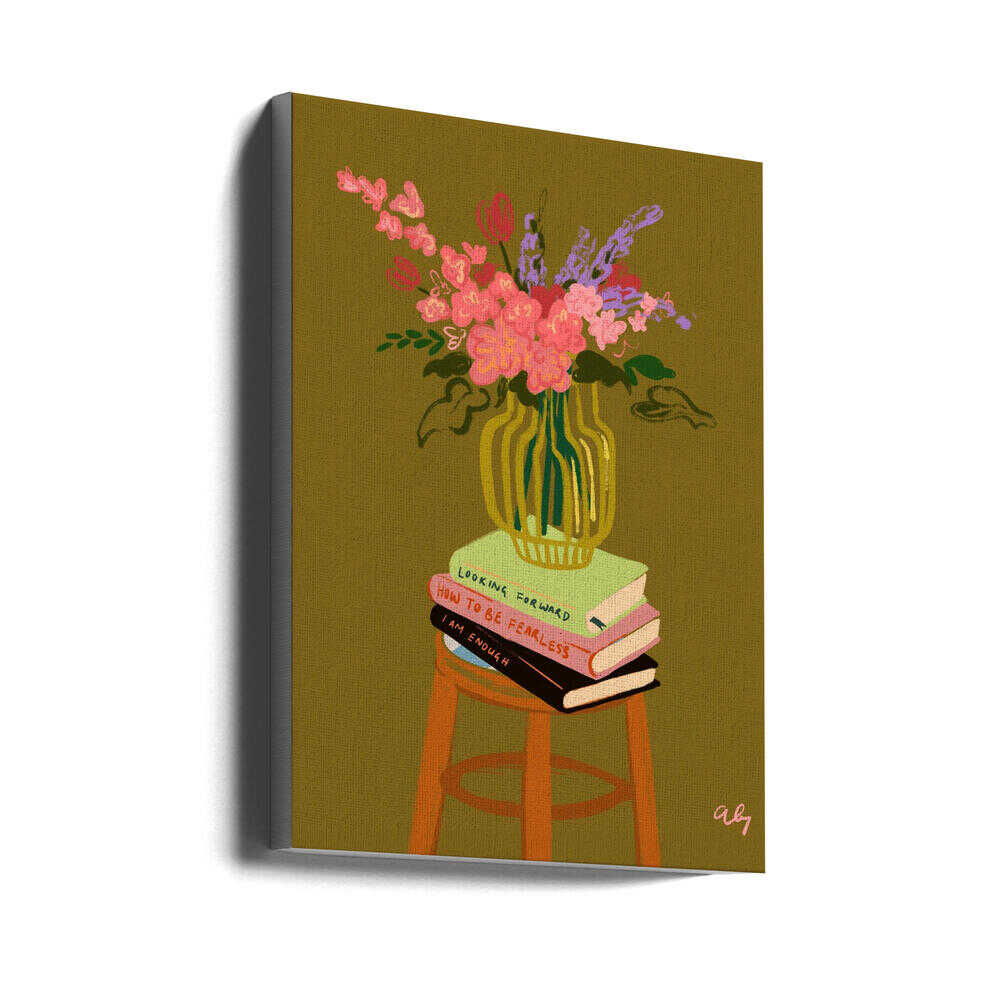 A lush bouquet of pink and purple blooms arranged in a green vase, resting atop a stack of books. With its warm olive background, this still life carries both elegance and homely charm — perfect for dining areas, kitchens, or cozy living spaces.
Artist: Arty Guava