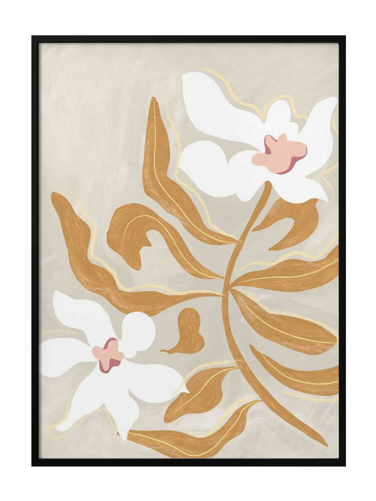 white blooms on beige, light and airy. Large poster, canvas & frames. Local production & fast shipping.