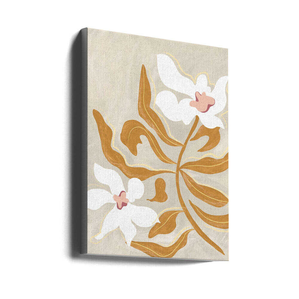 white blooms on beige, light and airy. Large poster, canvas & frames. Local production & fast shipping.