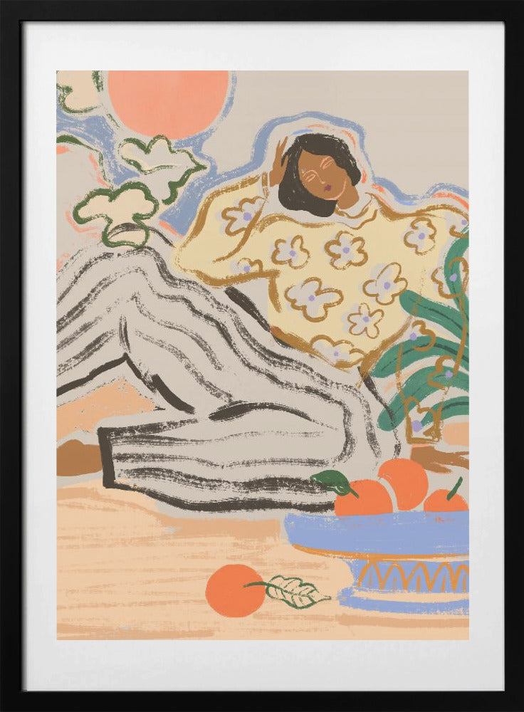 A serene illustration by Arty Guava. A woman in patterned clothing sits among scattered fruit and leafy greens, her posture calm, her surroundings quiet. Gentle colours and soft lines give the piece an easy, timeless feel.