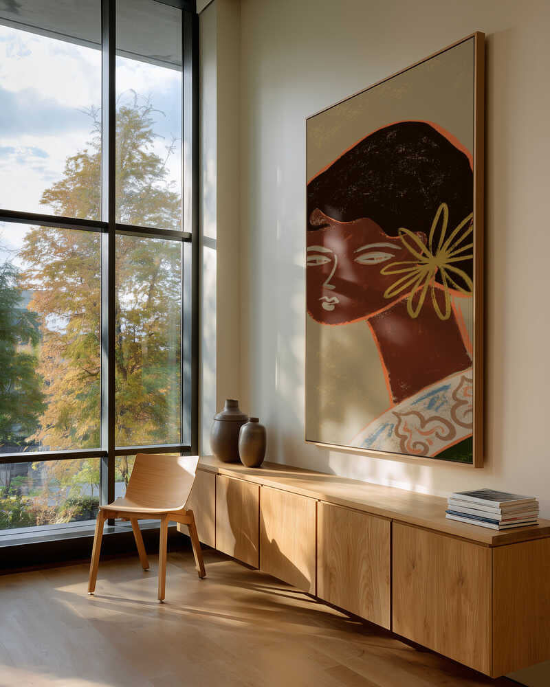 The Green Lady – elegant portrait in warm earth tones, timeless and calm. Large poster, canvas & frames. Local production & fast shipping.