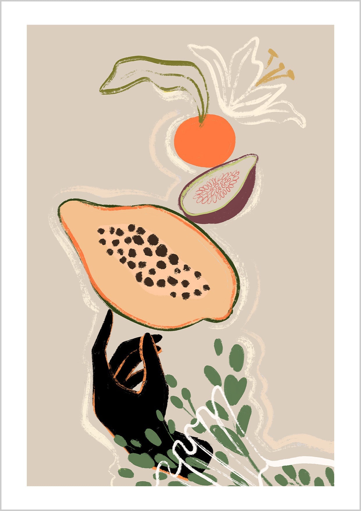 Ripe fruit stack effortlessly atop an outstretched hand, framed by soft green leaves on a beige ground. A modern still life that brings quiet energy to kitchens, dining spaces, or anywhere you want a touch of playful balance. Artist: Arty Guava