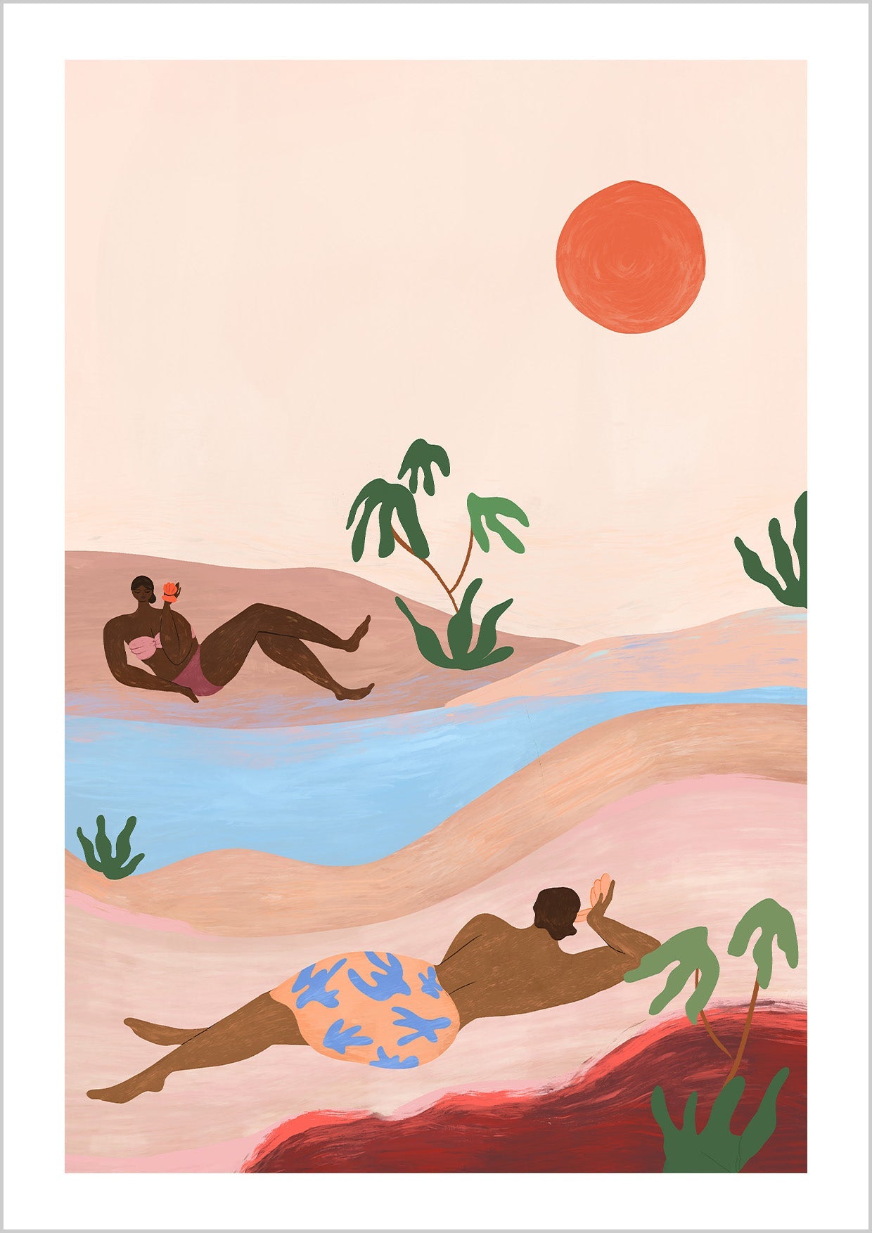 A playful coastal scene with figures reclining under the sun, surrounded by rolling dunes, palms, and calm blue waters. The warm pastel palette captures the ease of summer days, making it ideal for bright, relaxed interiors or holiday homes.
Artist: Arty Guava