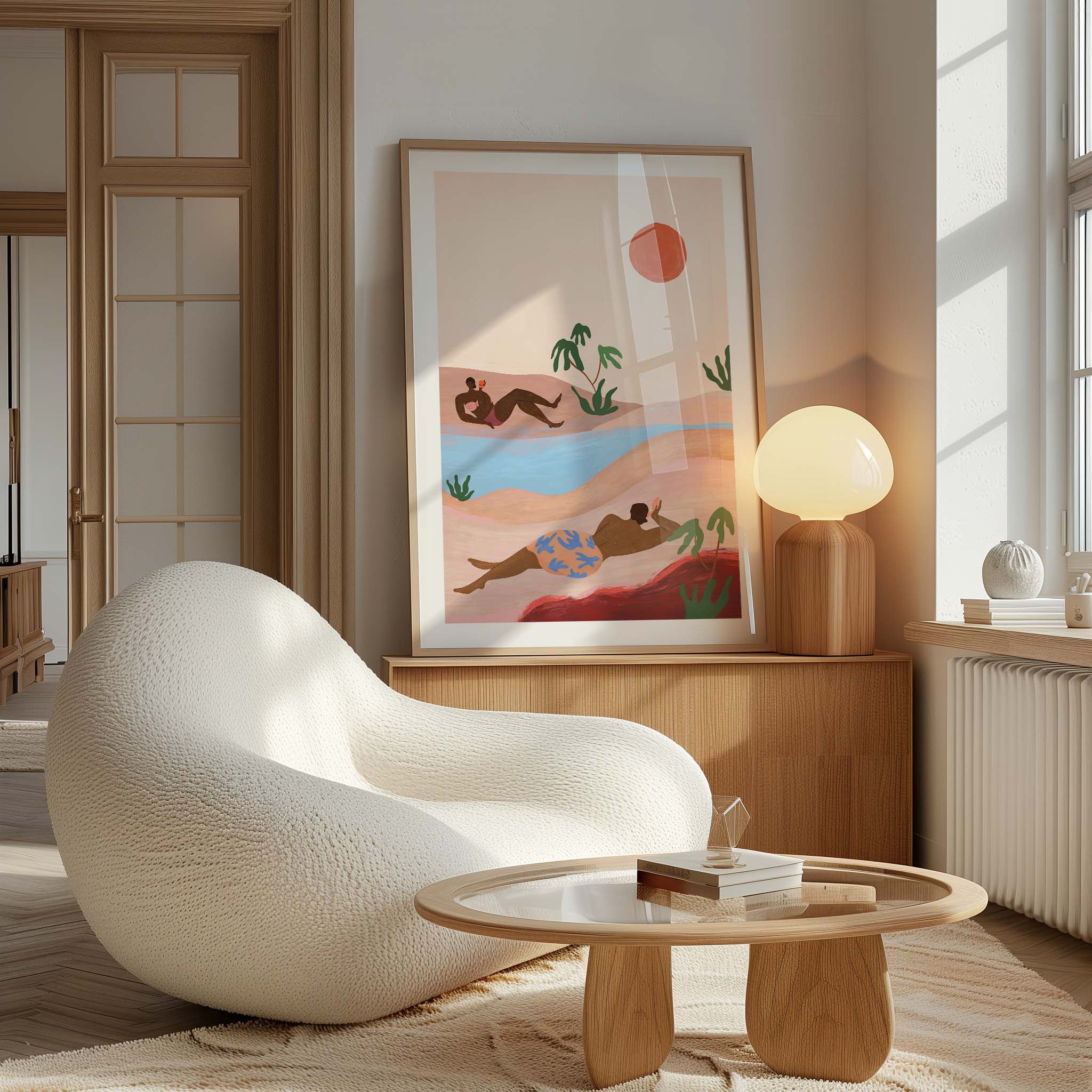 A playful coastal scene with figures reclining under the sun, surrounded by rolling dunes, palms, and calm blue waters. The warm pastel palette captures the ease of summer days, making it ideal for bright, relaxed interiors or holiday homes.
Artist: Arty Guava