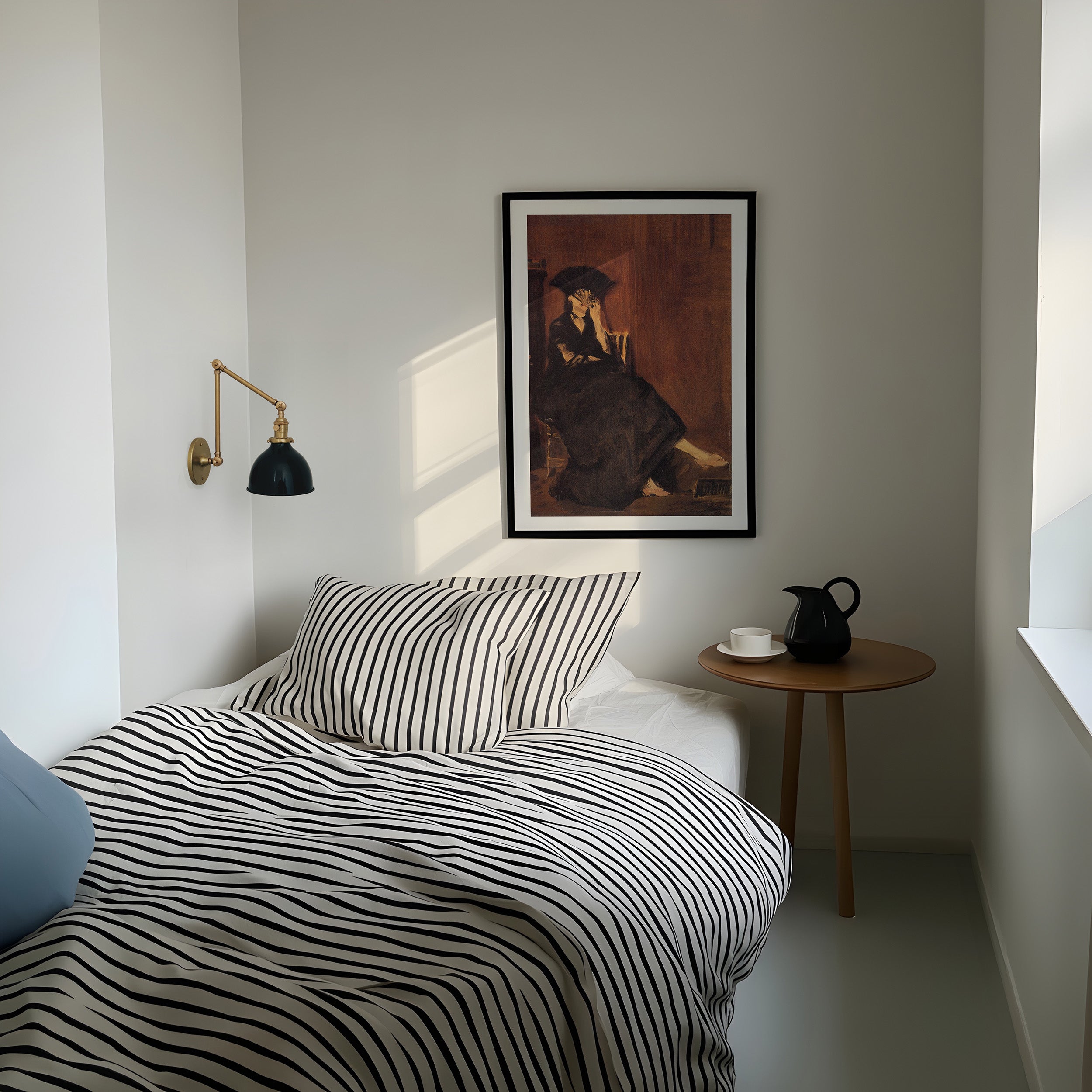 A soft, intimate portrait by Édouard Manet. Berthe sits quietly, fan in hand, her dark eyes full of thought. A timeless piece that brings a gentle, elegant touch to any space.