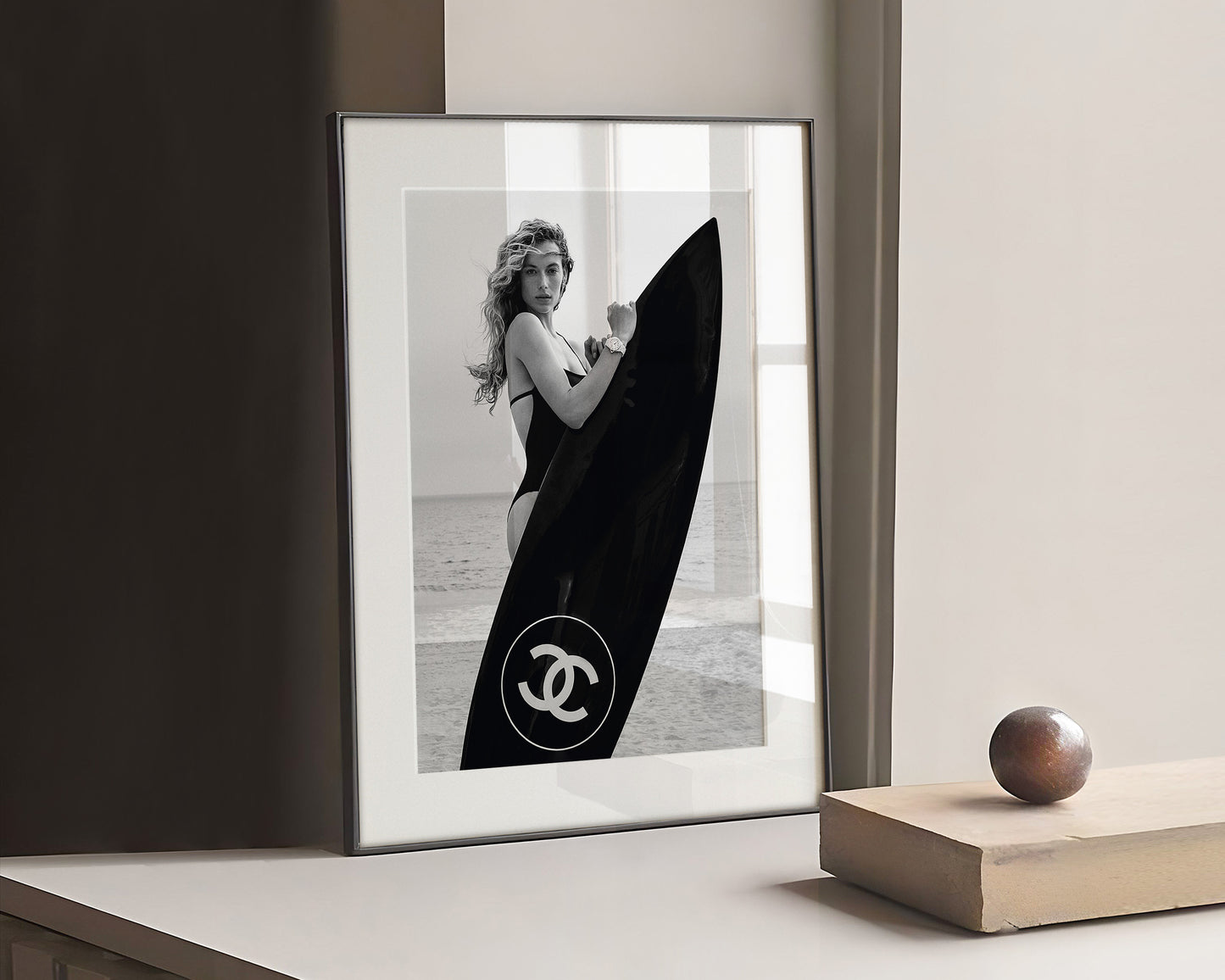 Chanel girl black surfboard Poster, XL Art, Square Print, Digital