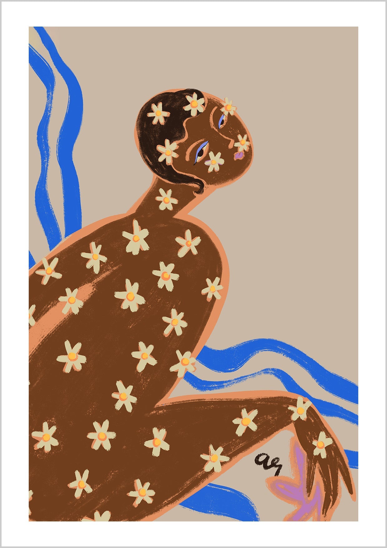 A reclining figure covered in daisy blossoms sits against flowing blue waves. The design blends natural motifs with soft, grounded tones, bringing a sense of harmony and renewal. Ideal for brightening bedrooms, bathrooms, or calming interiors.
Artist: Arty Guava