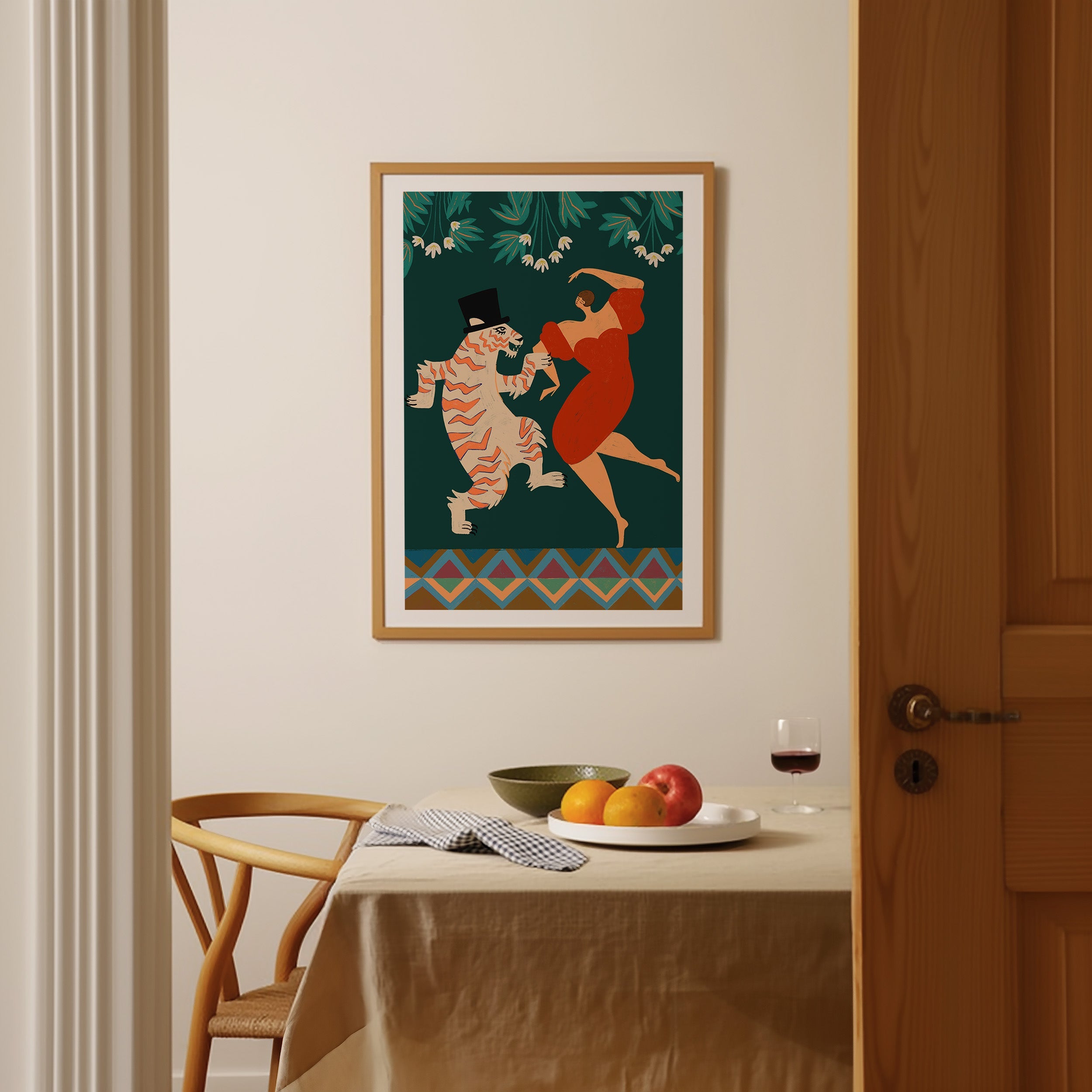 A lively dance between a woman in red and a tiger dressed in a top hat. Bold, theatrical, and full of character, this artwork turns storytelling into wall art. A statement piece for creative spaces, lounge rooms, or anywhere that calls for a touch of drama.