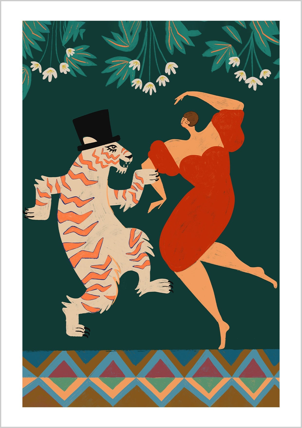 A lively dance between a woman in red and a tiger dressed in a top hat. Bold, theatrical, and full of character, this artwork turns storytelling into wall art. A statement piece for creative spaces, lounge rooms, or anywhere that calls for a touch of drama.