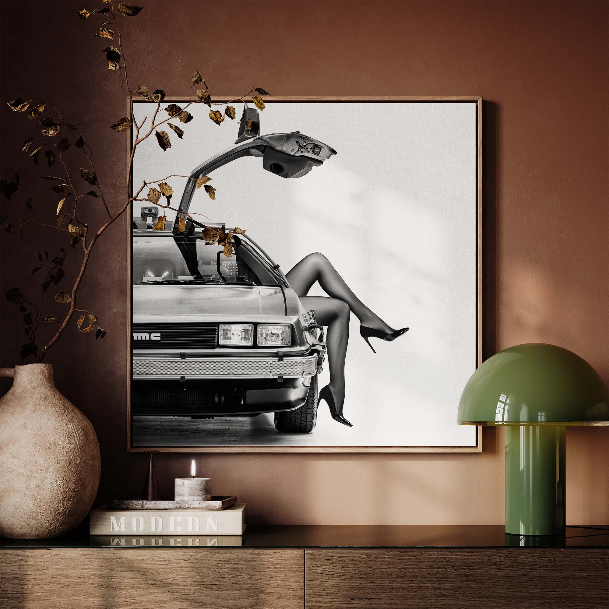 A DeLorean with open gull-wing doors, paired with elegant legs in high heels. Cinematic, daring, and unforgettable — a rebellious nod to freedom and modern femininity.
Artist: David Drake