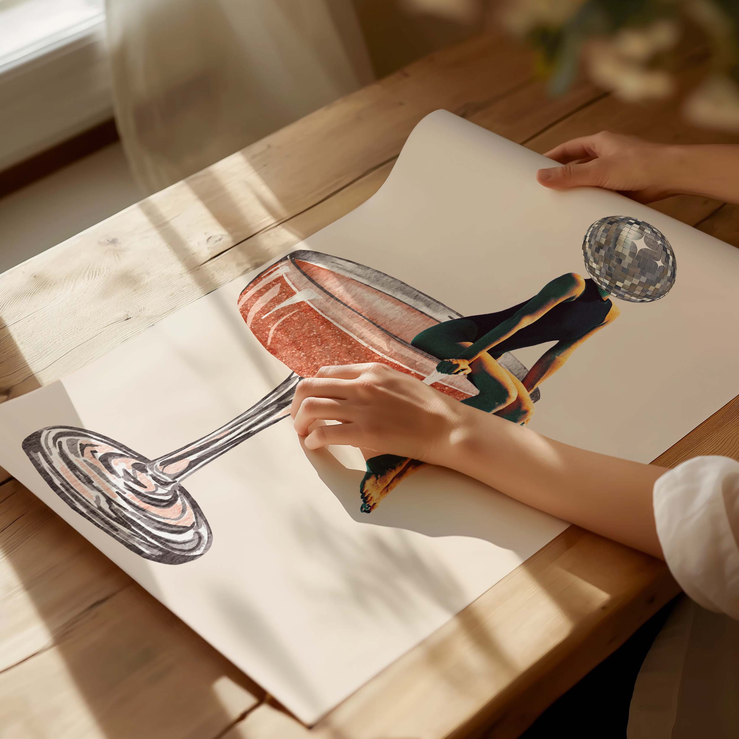 illustration of a rose champagne glass with a Disco Ball Girl perched on the rim