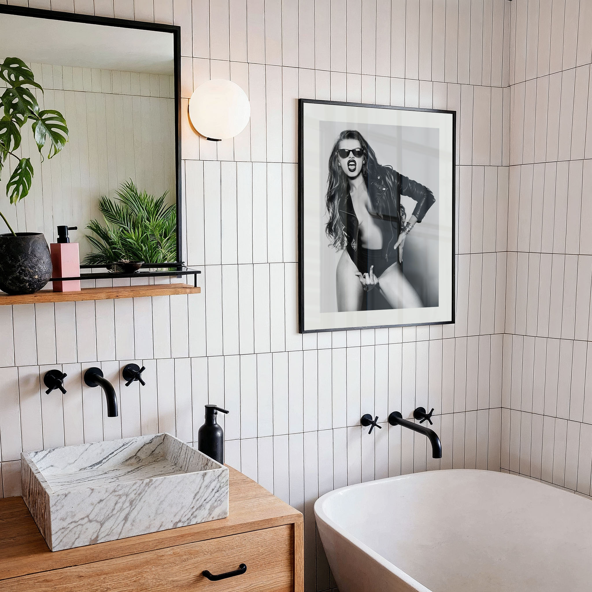Leather, confidence, and sharp defiance. This rebellious portrait mixes fashion and attitude, perfect for spaces that thrive on raw energy and bold statements.
Artist: David Drake

