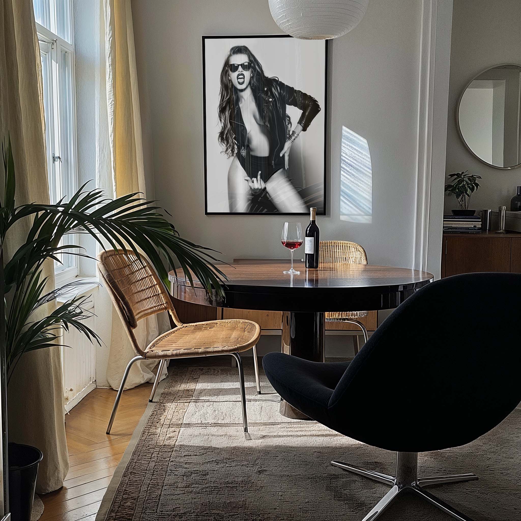 Leather, confidence, and sharp defiance. This rebellious portrait mixes fashion and attitude, perfect for spaces that thrive on raw energy and bold statements.
Artist: David Drake

