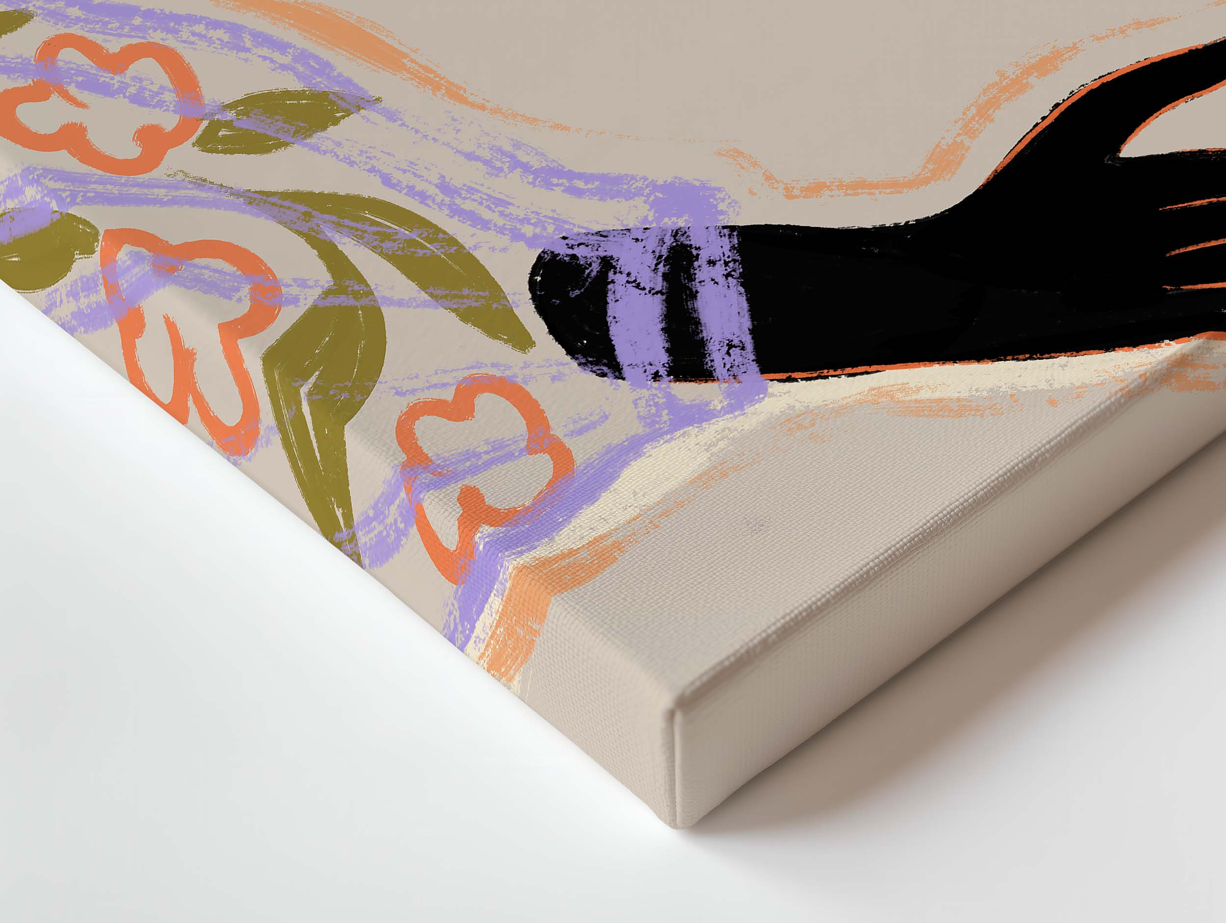 Two open hands frame a glowing orange sun, sleeves alive with floral tones of purple, green, and amber. A simple, uplifting composition that feels warm and contemplative, easy to place in living rooms or calm corners. Artist: Arty Guava