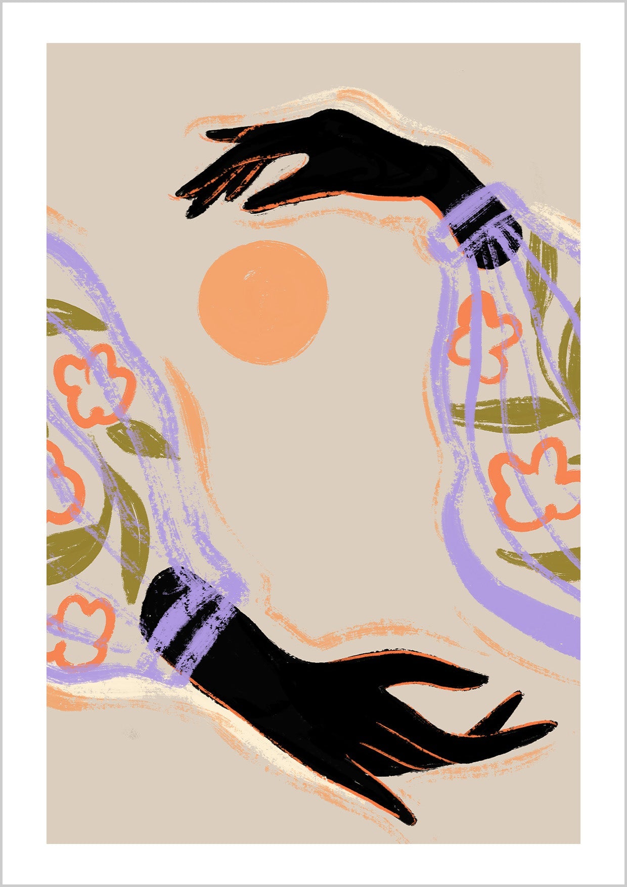 Two open hands frame a glowing orange sun, sleeves alive with floral tones of purple, green, and amber. A simple, uplifting composition that feels warm and contemplative, easy to place in living rooms or calm corners. Artist: Arty Guava