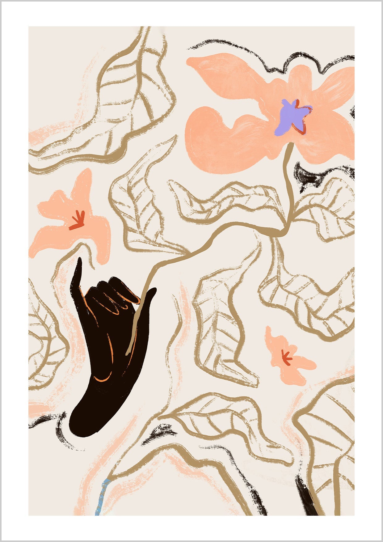 Minimal lines trace flowers and leaves above a dark hand, grounded by muted earth tones on soft beige. Subtle yet bold, this line-driven design works well in serene bedrooms or modern gallery walls. Artist: Arty Guava