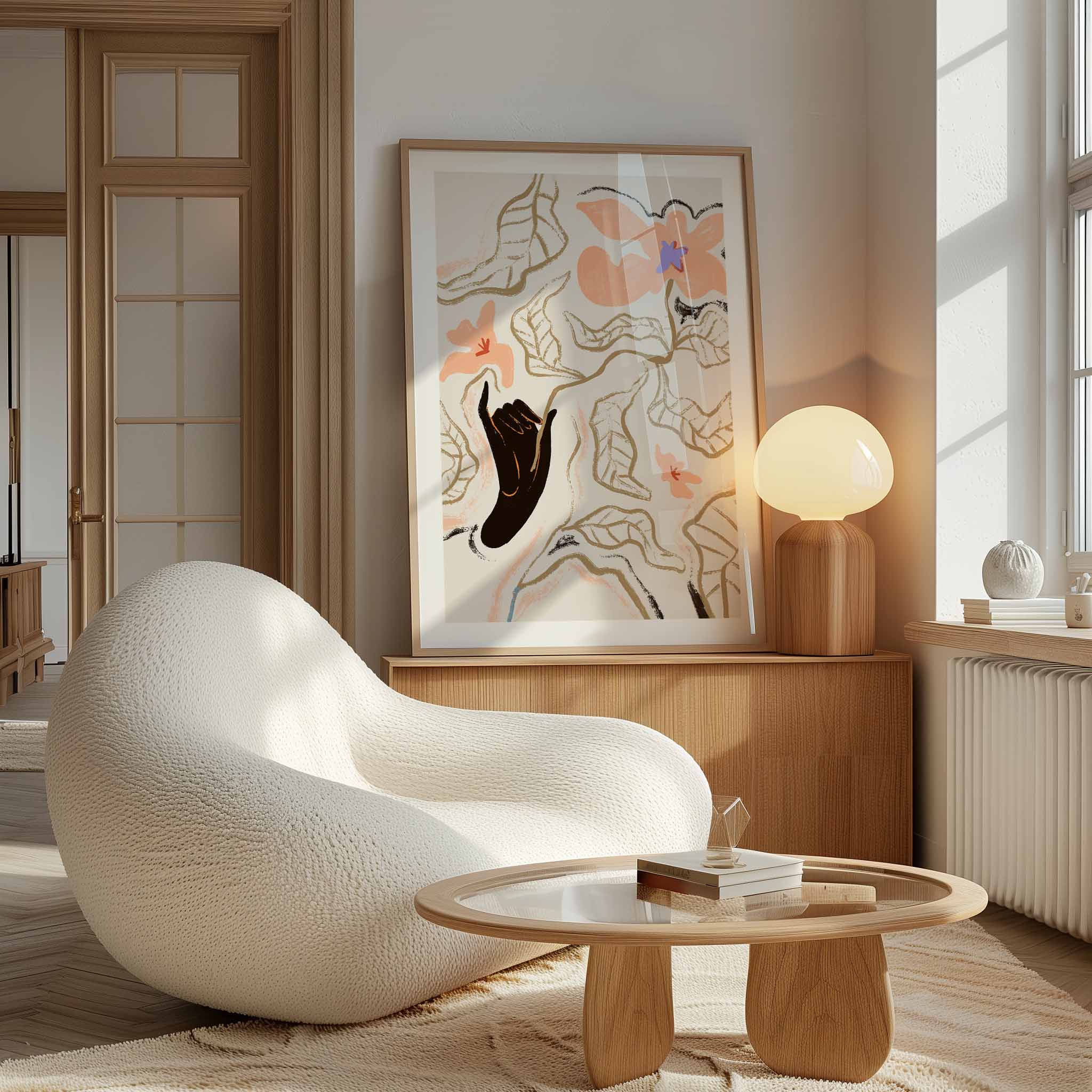 Minimal lines trace flowers and leaves above a dark hand, grounded by muted earth tones on soft beige. Subtle yet bold, this line-driven design works well in serene bedrooms or modern gallery walls. Artist: Arty Guava
