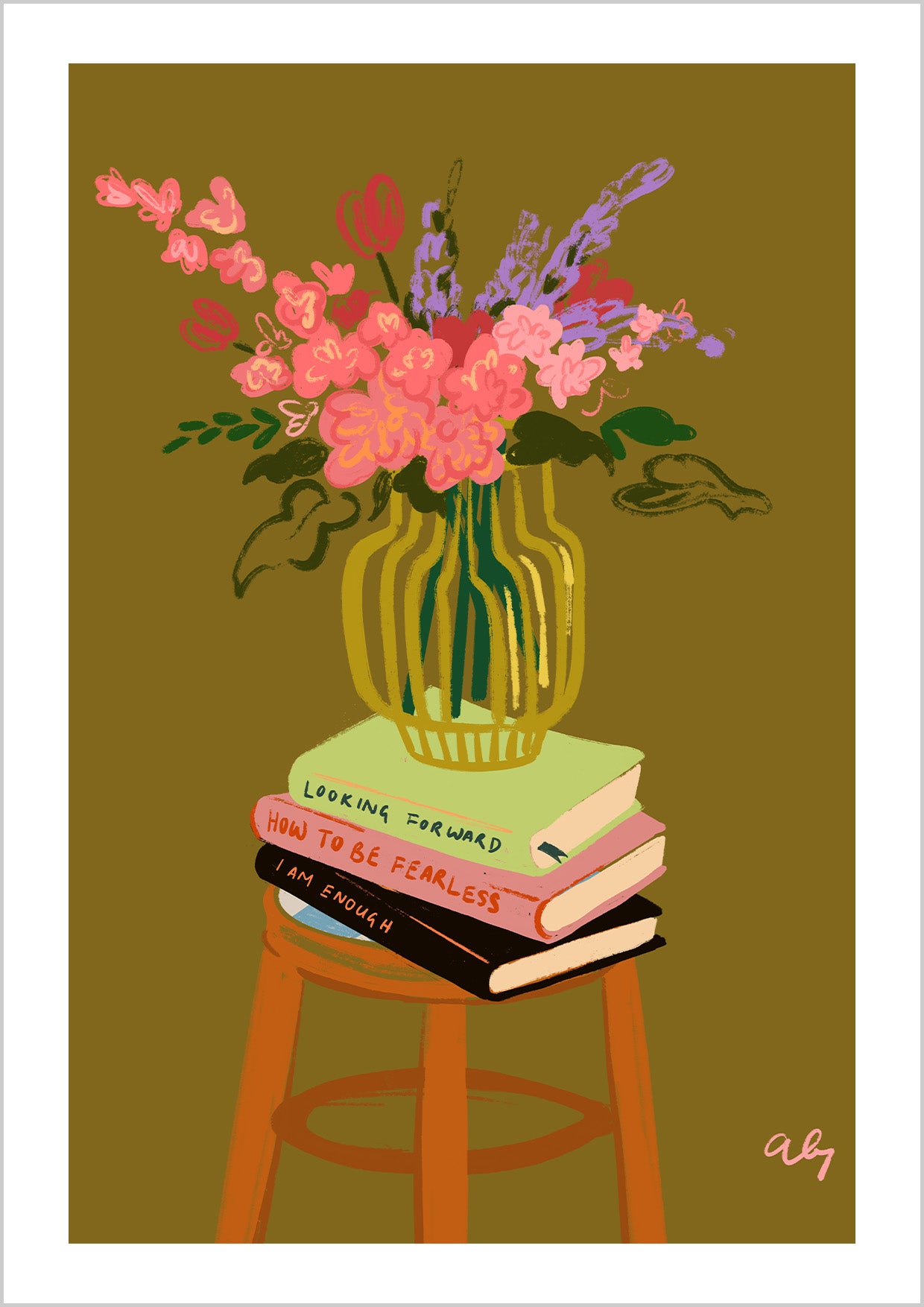 A lush bouquet of pink and purple blooms arranged in a green vase, resting atop a stack of books. With its warm olive background, this still life carries both elegance and homely charm — perfect for dining areas, kitchens, or cozy living spaces.
Artist: Arty Guava