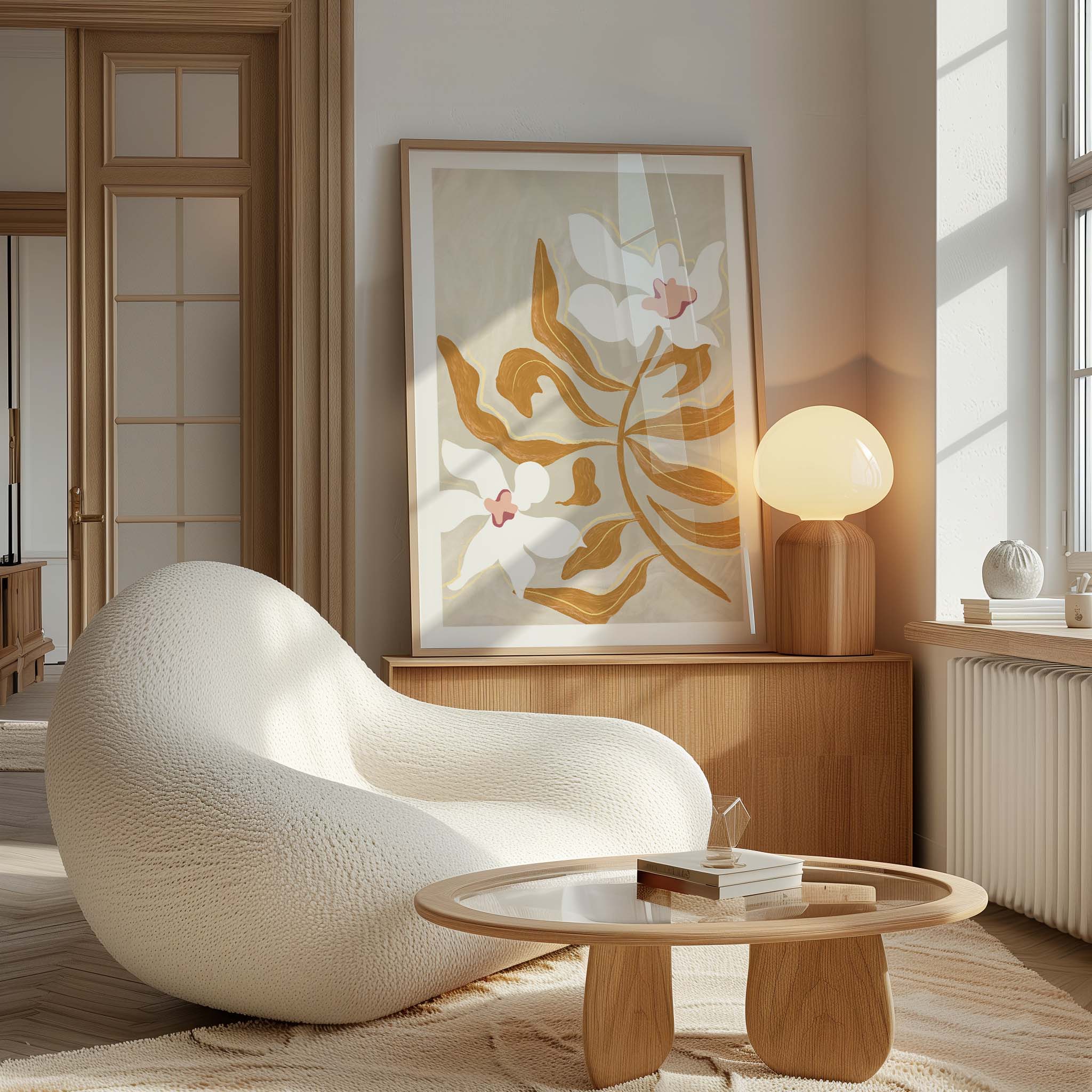 white blooms on beige, light and airy. Large poster, canvas & frames. Local production & fast shipping.