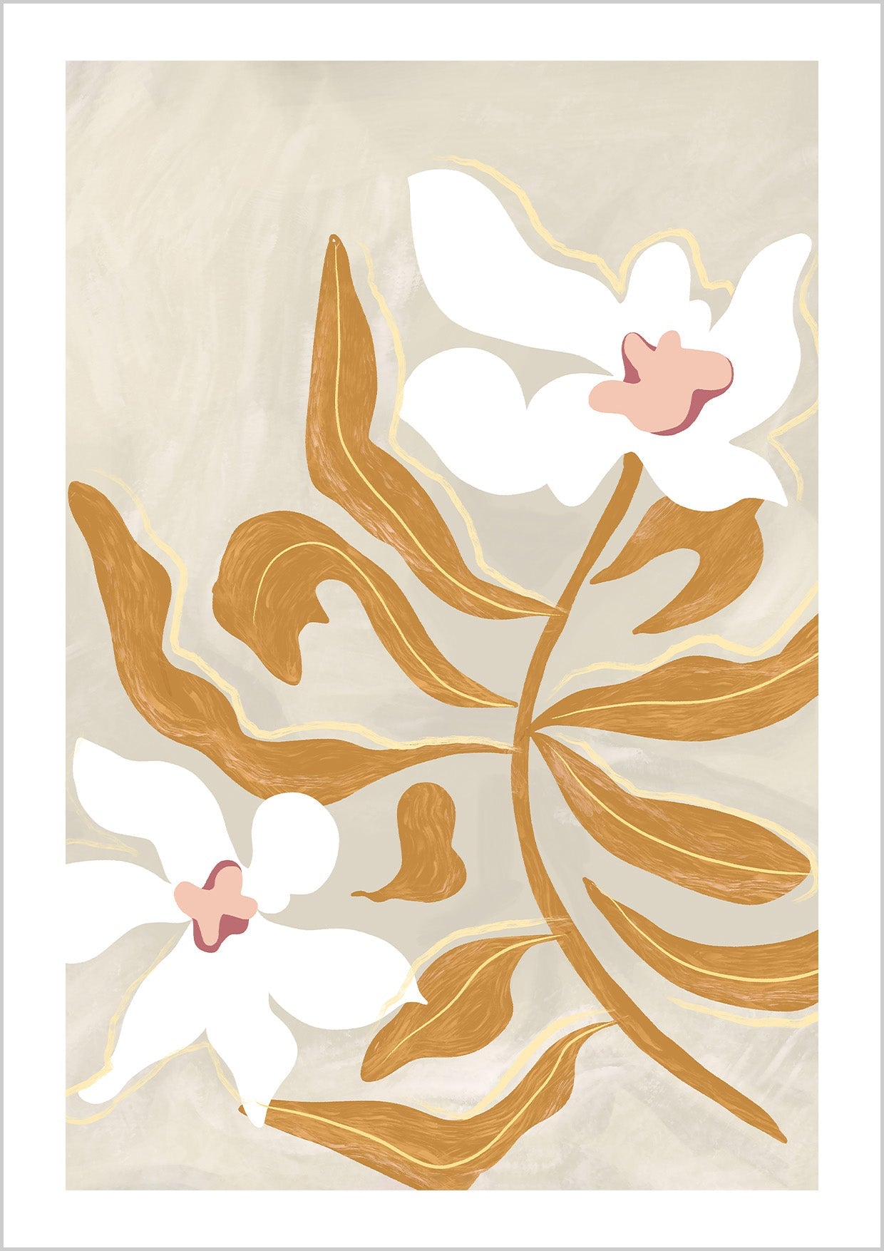white blooms on beige, light and airy. Large poster, canvas & frames. Local production & fast shipping.