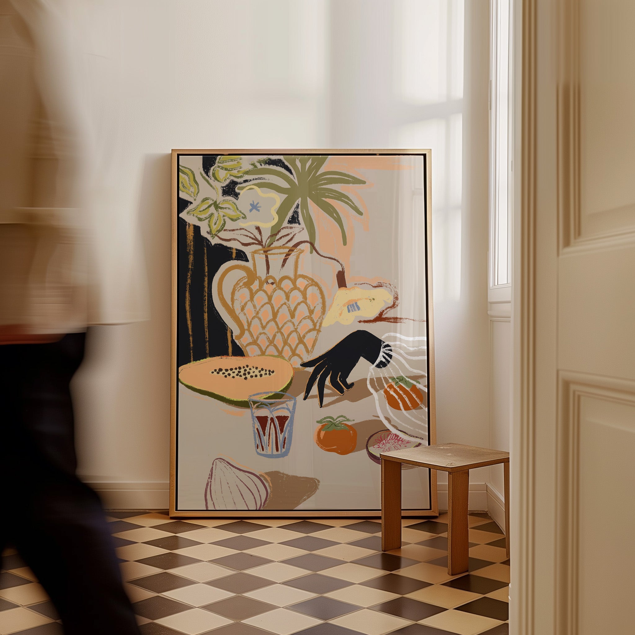 A tabletop of fruit and blossoms captured in rich, modern hues. Still life with a fresh rhythm—perfect for kitchens, dining areas, or spaces that celebrate everyday abundance. Artist: Arty Guava