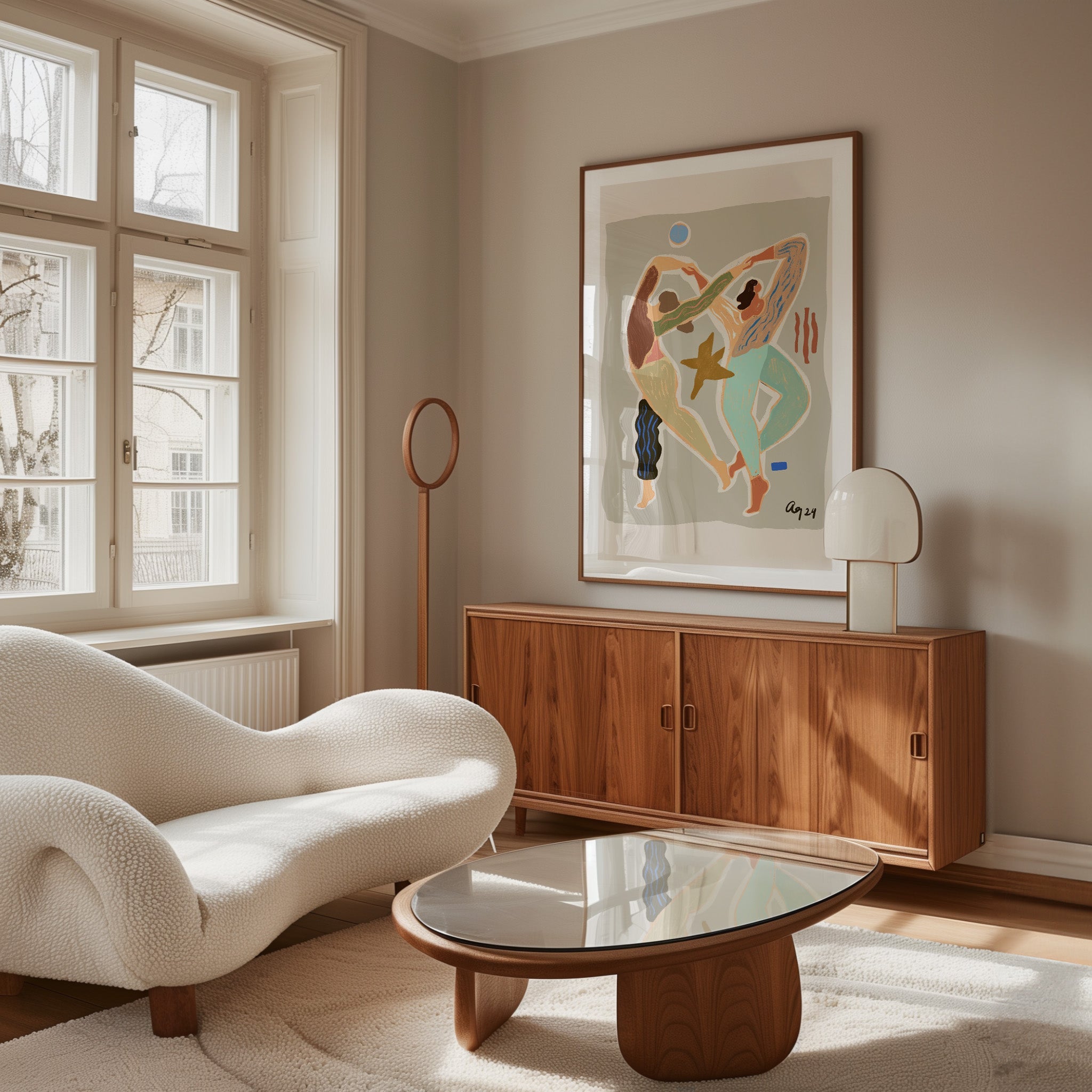 Two intertwined figures move in rhythm, painted with fluid lines and earthy pastels. The composition radiates movement, balance, and connection — a celebration of dance and togetherness. Striking wall art for creative studios, bedrooms, or modern living rooms.
Artist: Arty Guava
