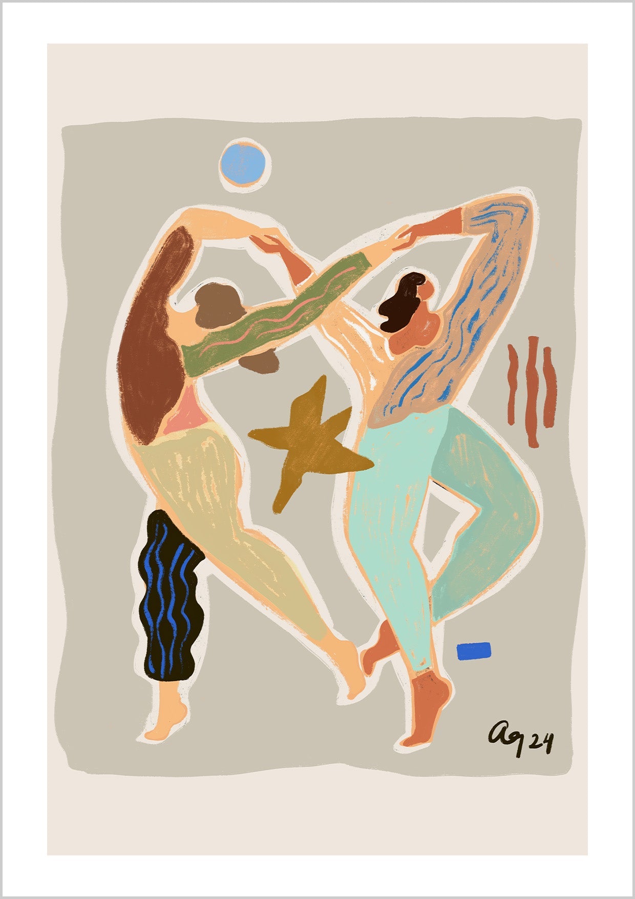 Two intertwined figures move in rhythm, painted with fluid lines and earthy pastels. The composition radiates movement, balance, and connection — a celebration of dance and togetherness. Striking wall art for creative studios, bedrooms, or modern living rooms.
Artist: Arty Guava