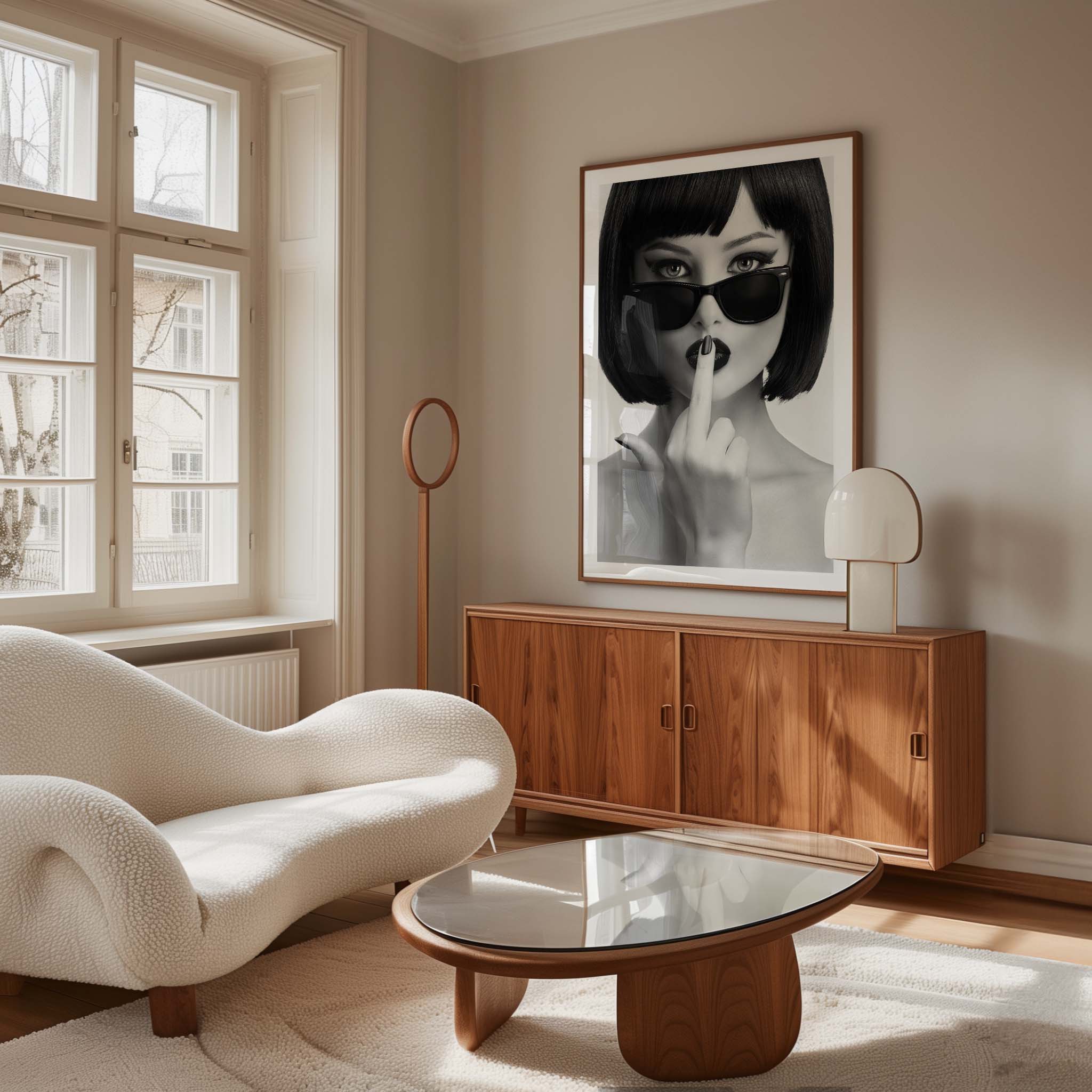 A femme fatale in dark sunglasses, lips parted, flipping the rules with a daring gesture. Black-and-white attitude, bold and unapologetic — this print is made to turn heads.
Artist: David Drake