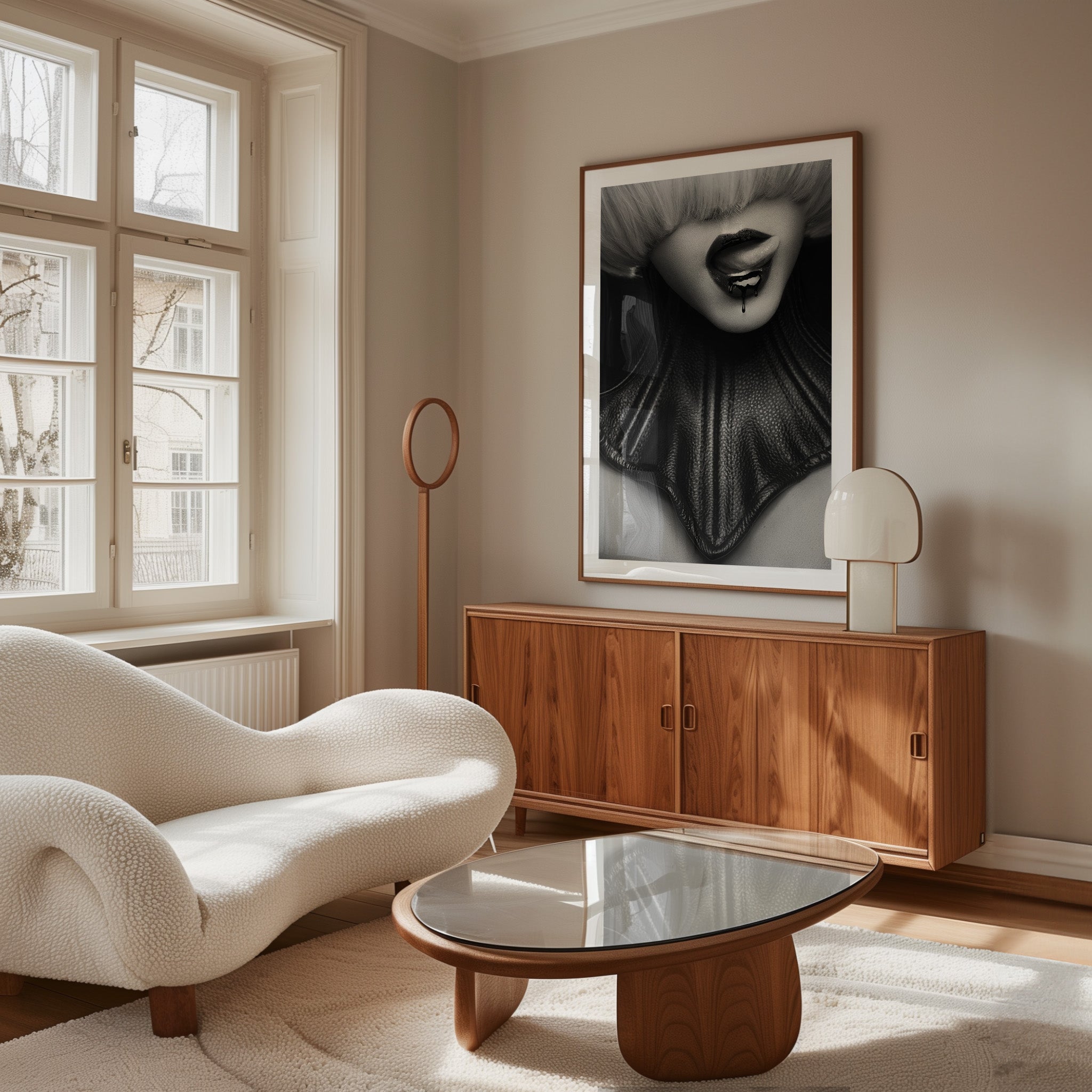 Dark, sensual and a little dangerous. Madame Noire focuses on lips with a piercing, captured in moody black and white. A statement piece for lovers of bold, rebellious art.
