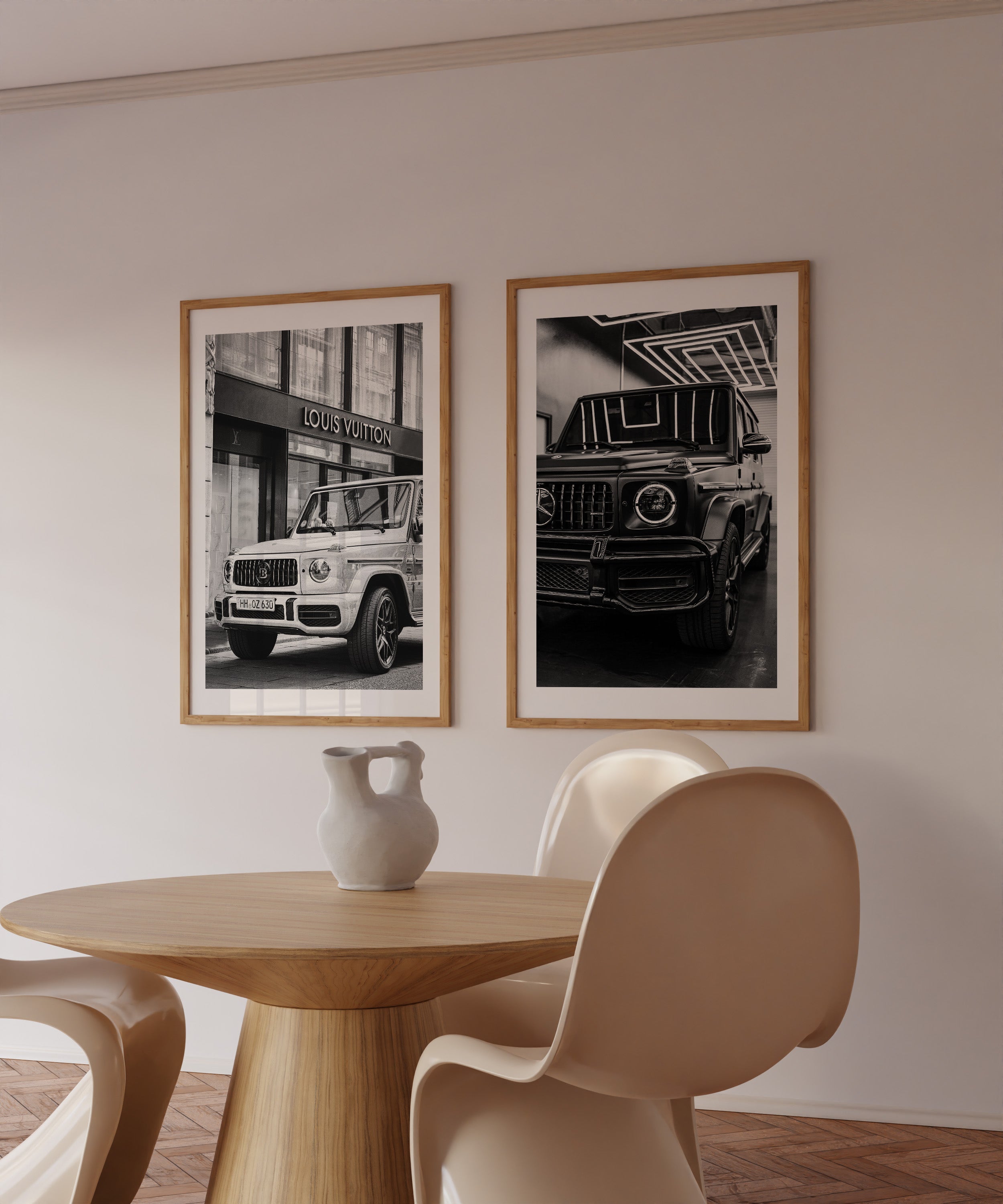 The "Mercedes G Wagon Brabus" print portrays a black-and-white close-up of the iconic luxury SUV, capturing its bold lines and powerful presence.