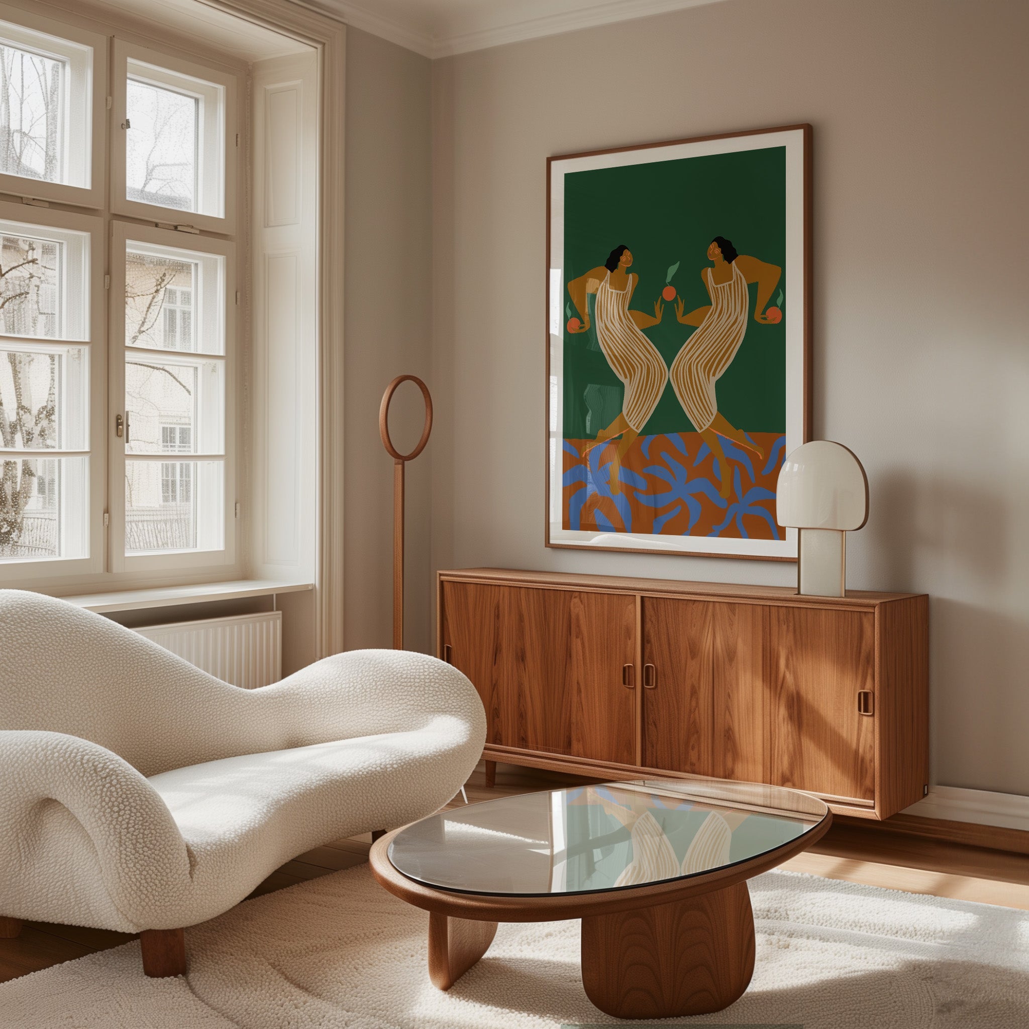 Twin figures stand face-to-face, each holding fruit in mirrored gestures. Rich green and terracotta tones with flowing linework create a bold, almost mythical symmetry. A striking piece that adds depth and storytelling to hallways, dining rooms, or statement walls.
Artist: Arty Guava