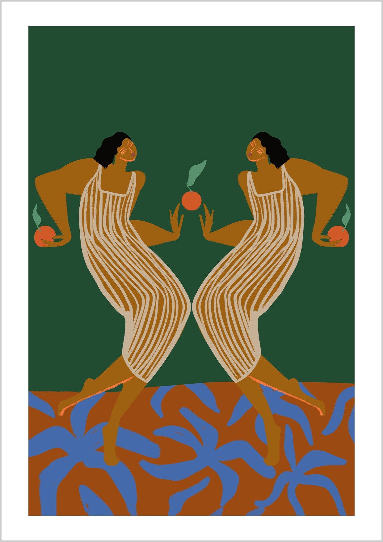 Twin figures stand face-to-face, each holding fruit in mirrored gestures. Rich green and terracotta tones with flowing linework create a bold, almost mythical symmetry. A striking piece that adds depth and storytelling to hallways, dining rooms, or statement walls.
Artist: Arty Guava