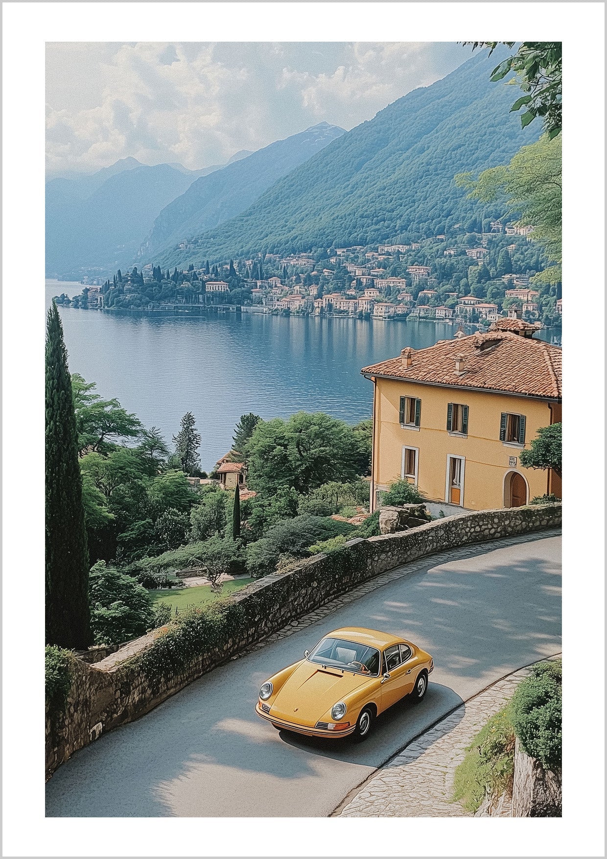 Golden Drive at Lake Como showcases a classic yellow Porsche gliding along Lake Como's scenic shores, blending luxury and timeless beauty.