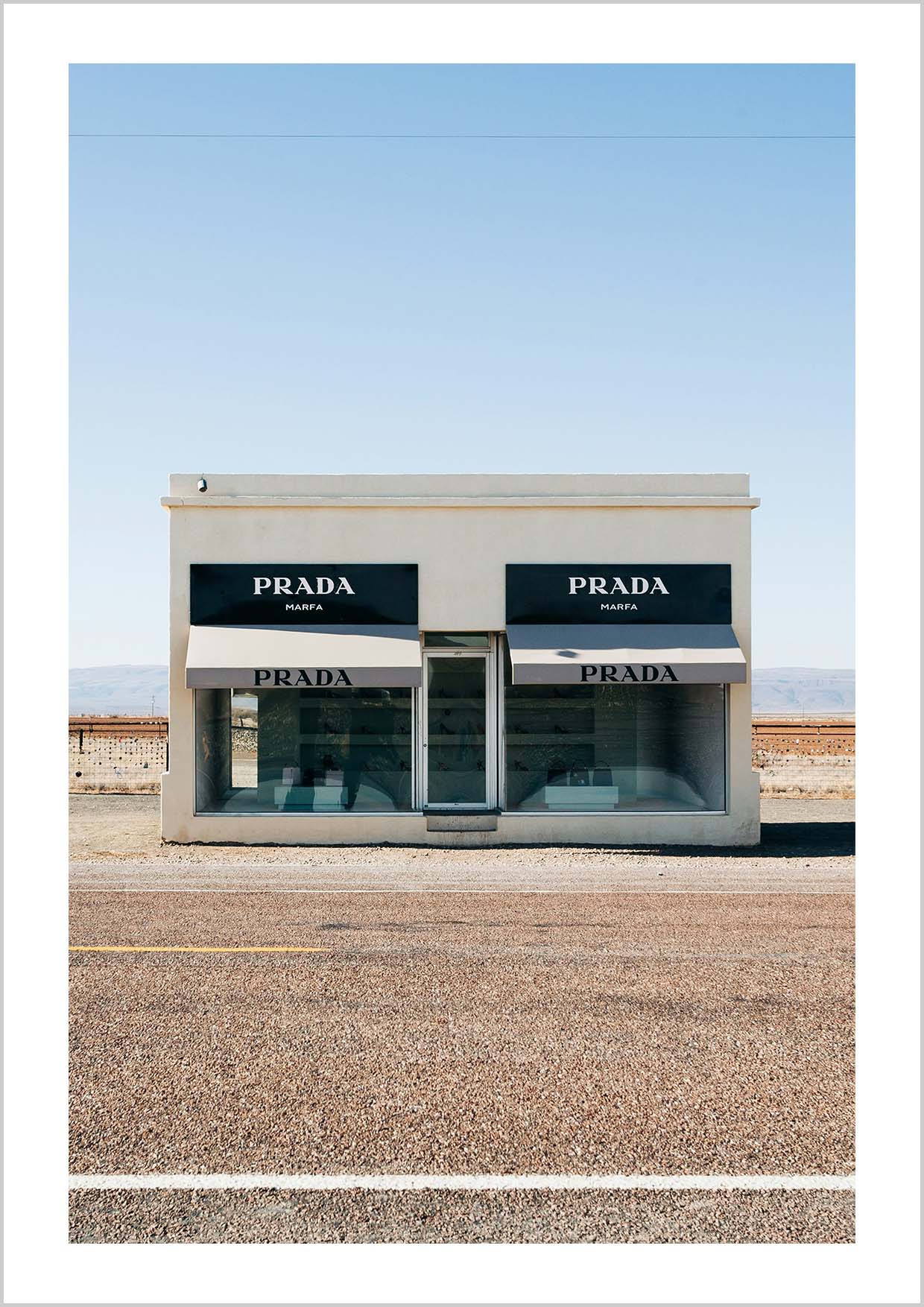 Photograph of the well-kown Prada Marfa fake shop located in a desert in Texas, USA