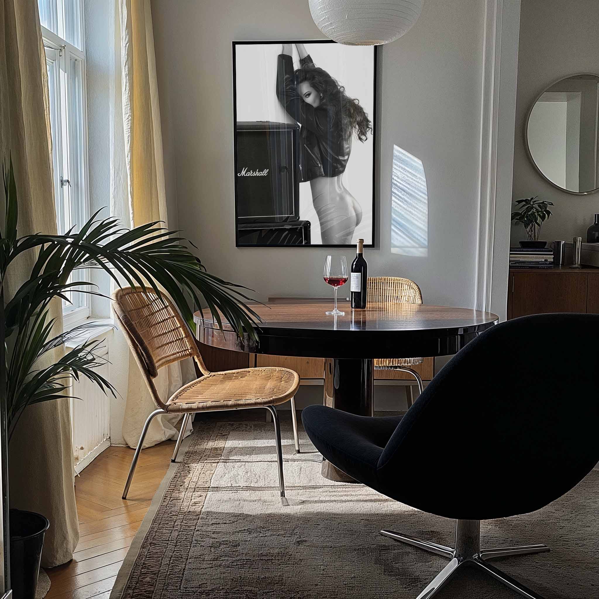 Wild hair, leather jacket, and a Marshall amp — this monochrome artwork is pure rock rebellion. A fearless print that demands center stage on your wall.
Artist: David Drake

